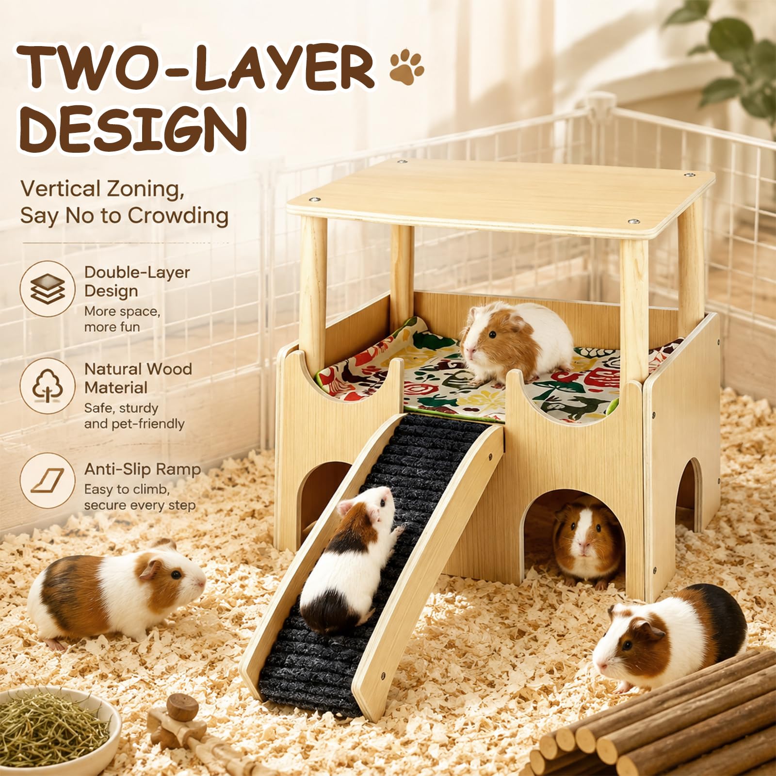 Meerschweinchen Haus aus Holz - Mit Treppe Rampe meerschweinchen Spielzeug Zubehör, Hamsterhaus Hasenhaus Kleintierhaus für Kleintiergehege, Kaninchenhaus gehege Hängematte Käfig