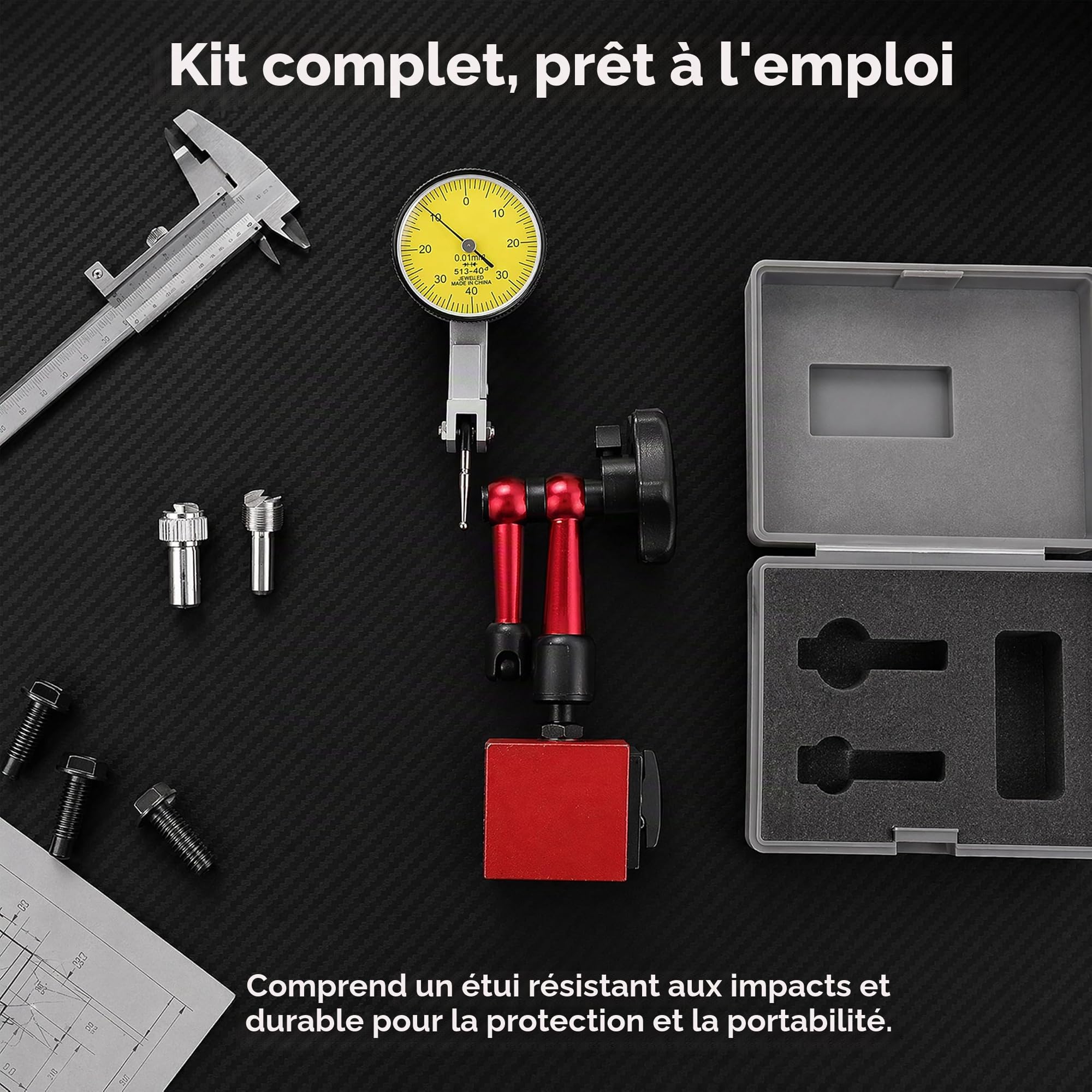 Comparateur Mecanique 0-0,8 mm avec Base Magnétique,Très Flexible,Comparateur Précision 0,01 mm,Ensemble D'indicateurs de Cadran pour Calibration Des Plaques de Surface,Rouge
