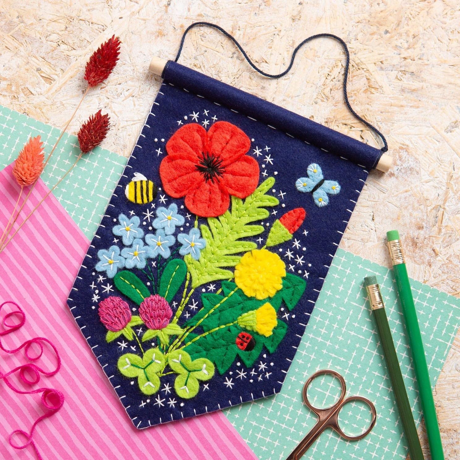 Hawthorn Handmade Wildflower Pennant Felting Kit. Felt Craft Kit for Adults Including Wool Felt Sheets, Wooden Dowel - Image 3