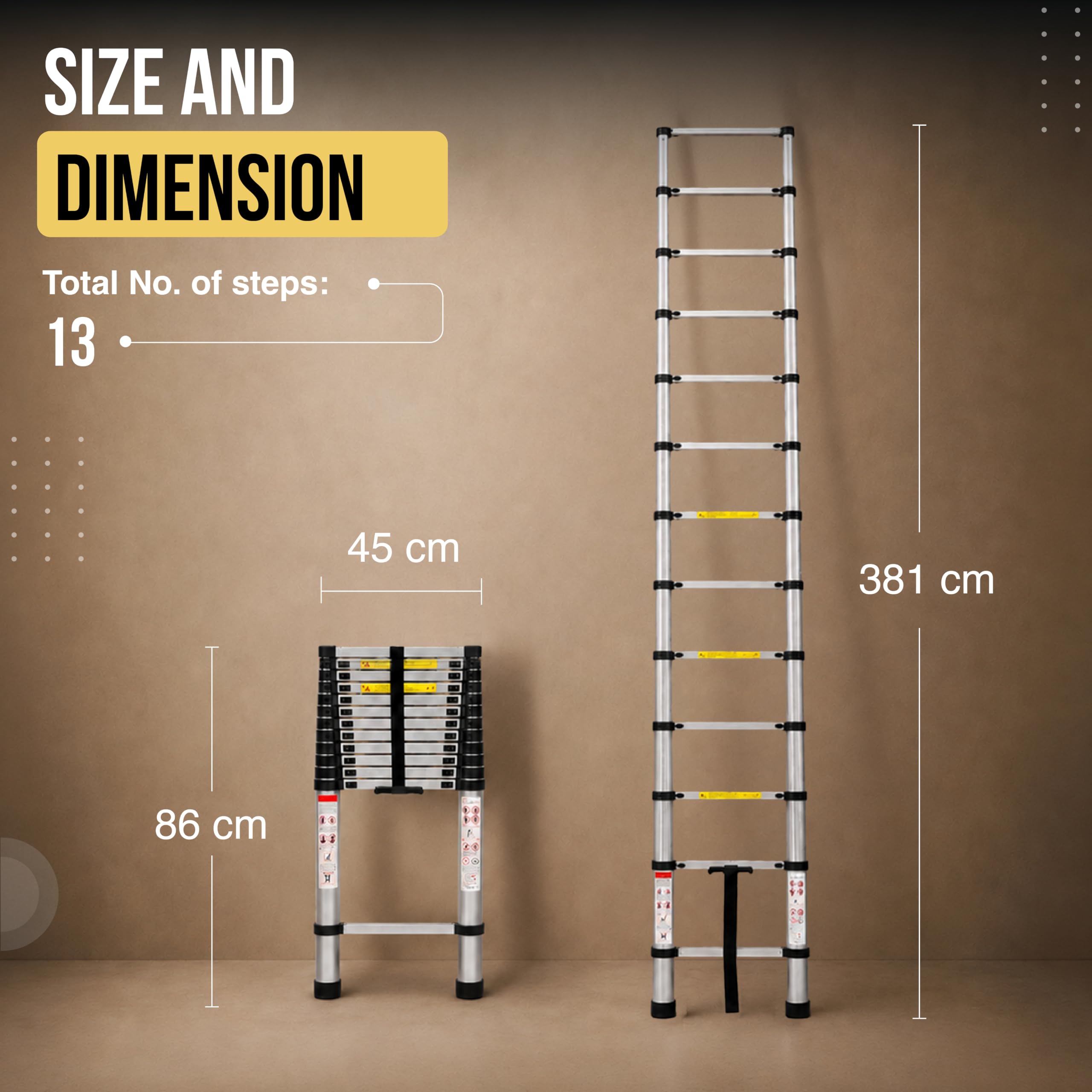 Robustt 12.5 FT / 380 Cm Telescopic Folding Ladder | 150 kg Load Capacity| Locking Steps| Collapsible | Portable Ladder for Home, Construction and Outdoor use | 2 Years Warranty — Amazon image 2