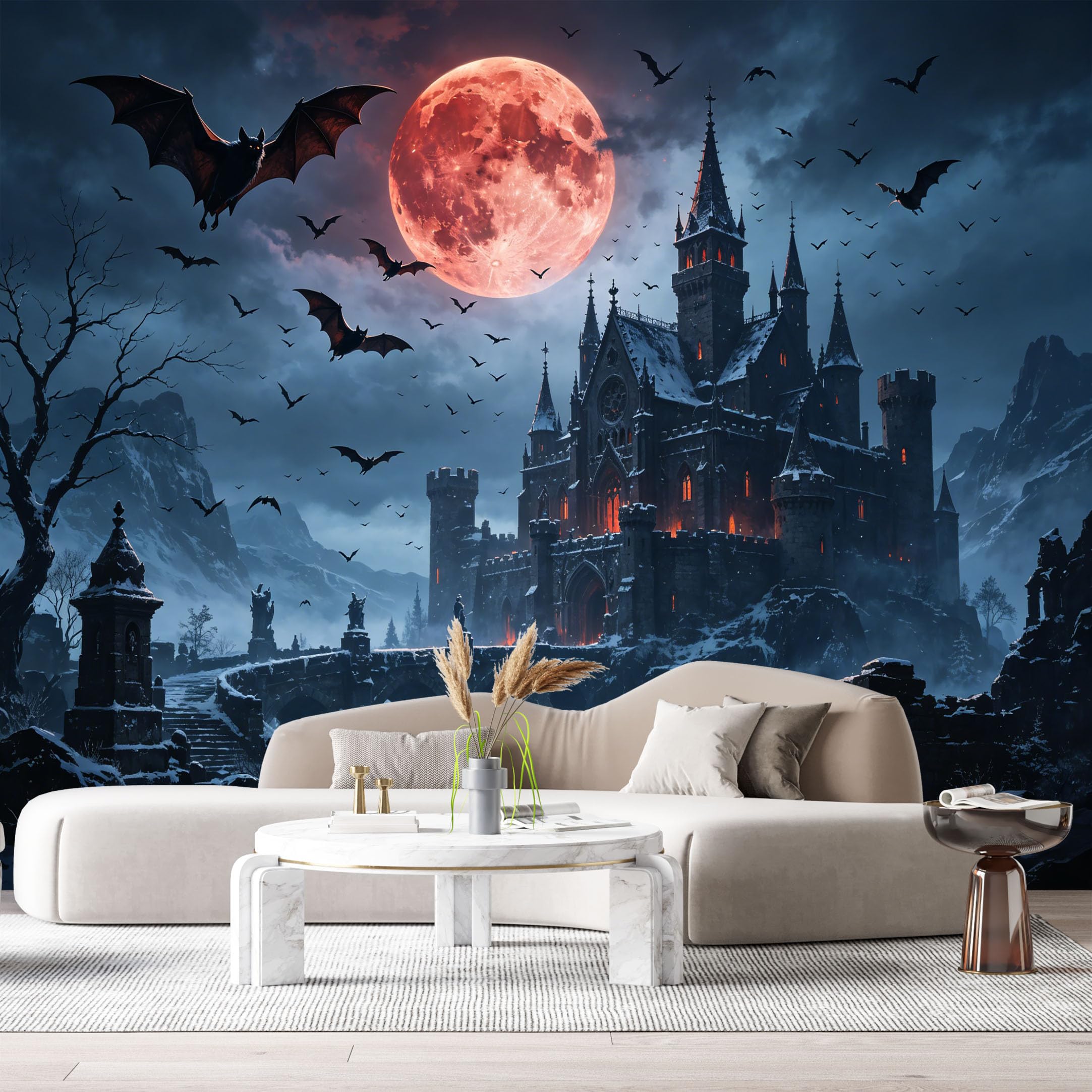 Custom Size Wall Murals Gothic Dark Castle Full Moon Winter Mountain Peaks 3D Trompe L'Oeil SelfAdhesive Wall Fabric Removable Large Wallpaper for Photo Living Room