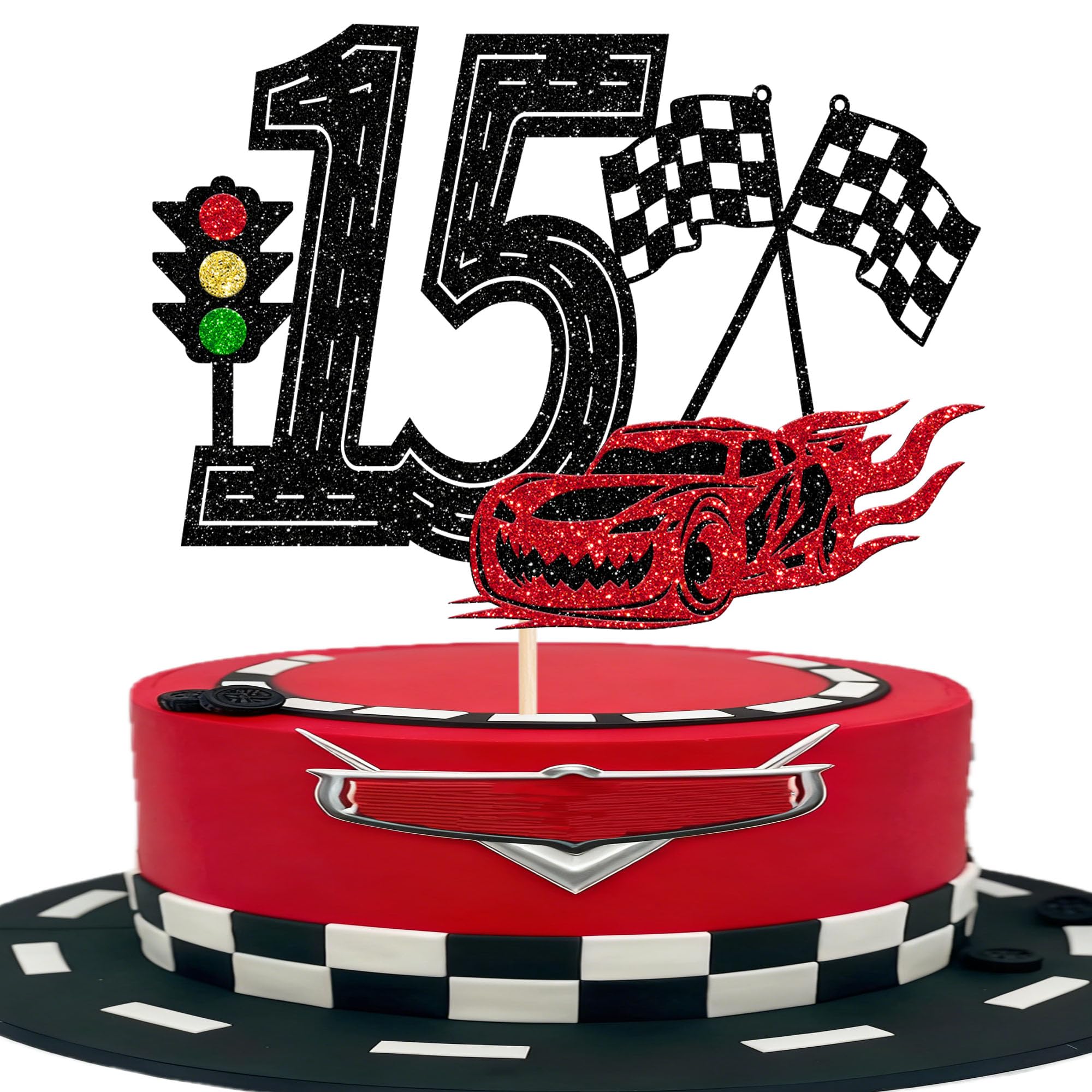 1 Stück Renn Auto 15th Geburtstag Tortendeko Glitzer Happy Birthday Cake Topper Ampel Karierte Flagge Kuchen Deko für Rennen Thema Jungen Mädchen Geburtstag Party Kuchen Dekorationen
