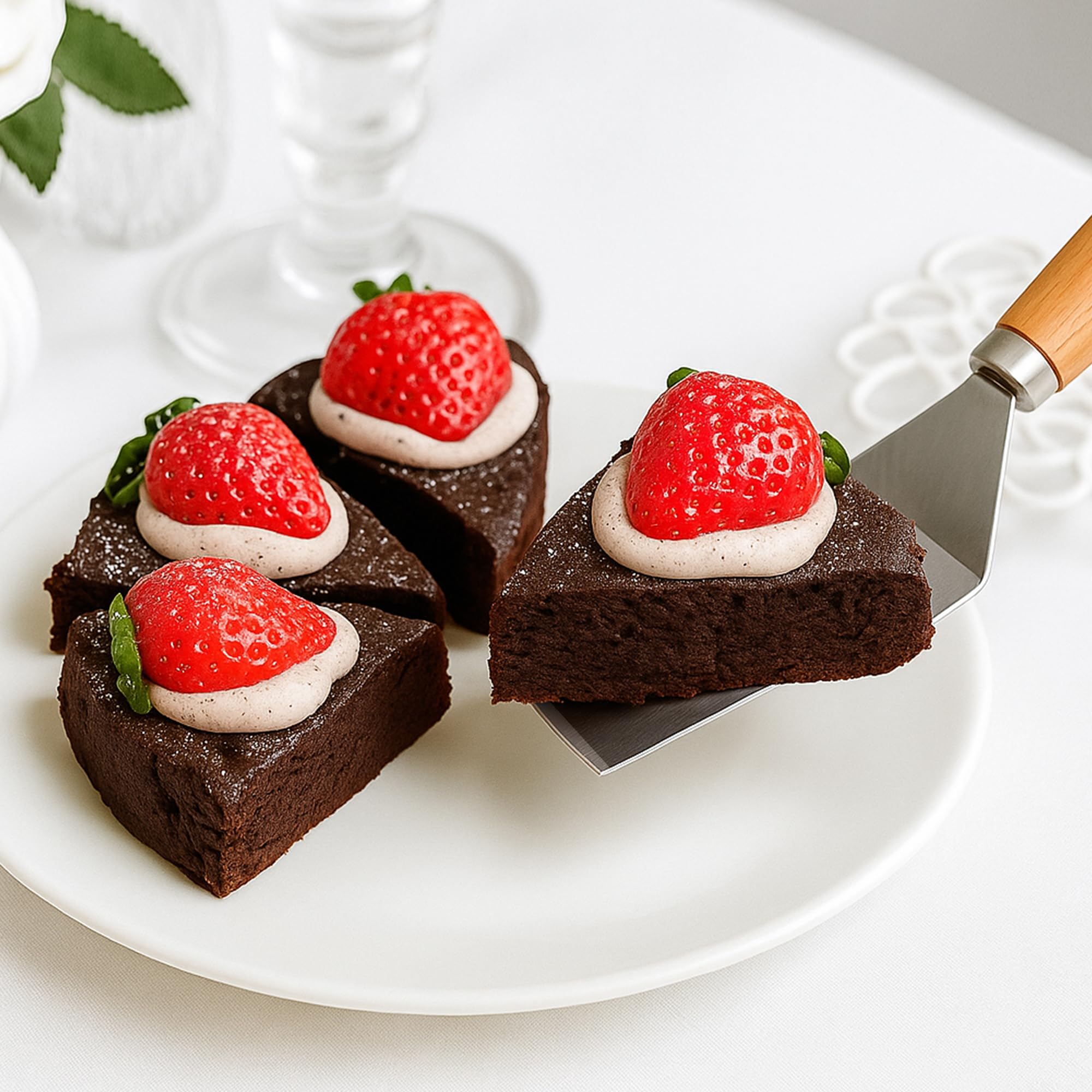 Juego de espátulas pequeñas de acero inoxidable de 2 piezas con asas de madera, ideal para voltear, cocinar y servir. Perfecto para brownies, tiramisú, galletas, lasaña y panqueques. 5