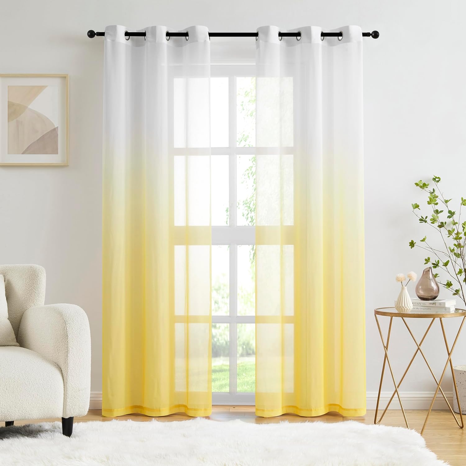 Ombre Chiffon Sheer Curtains Yellow for Living Room Decor, Gradient Light Filtering Window Curtain Panels for Girls Bedroom, Crinkle Semi Sheer Drapes for Garden, Yard Decor, Grommet Top, 42"Wx63"L