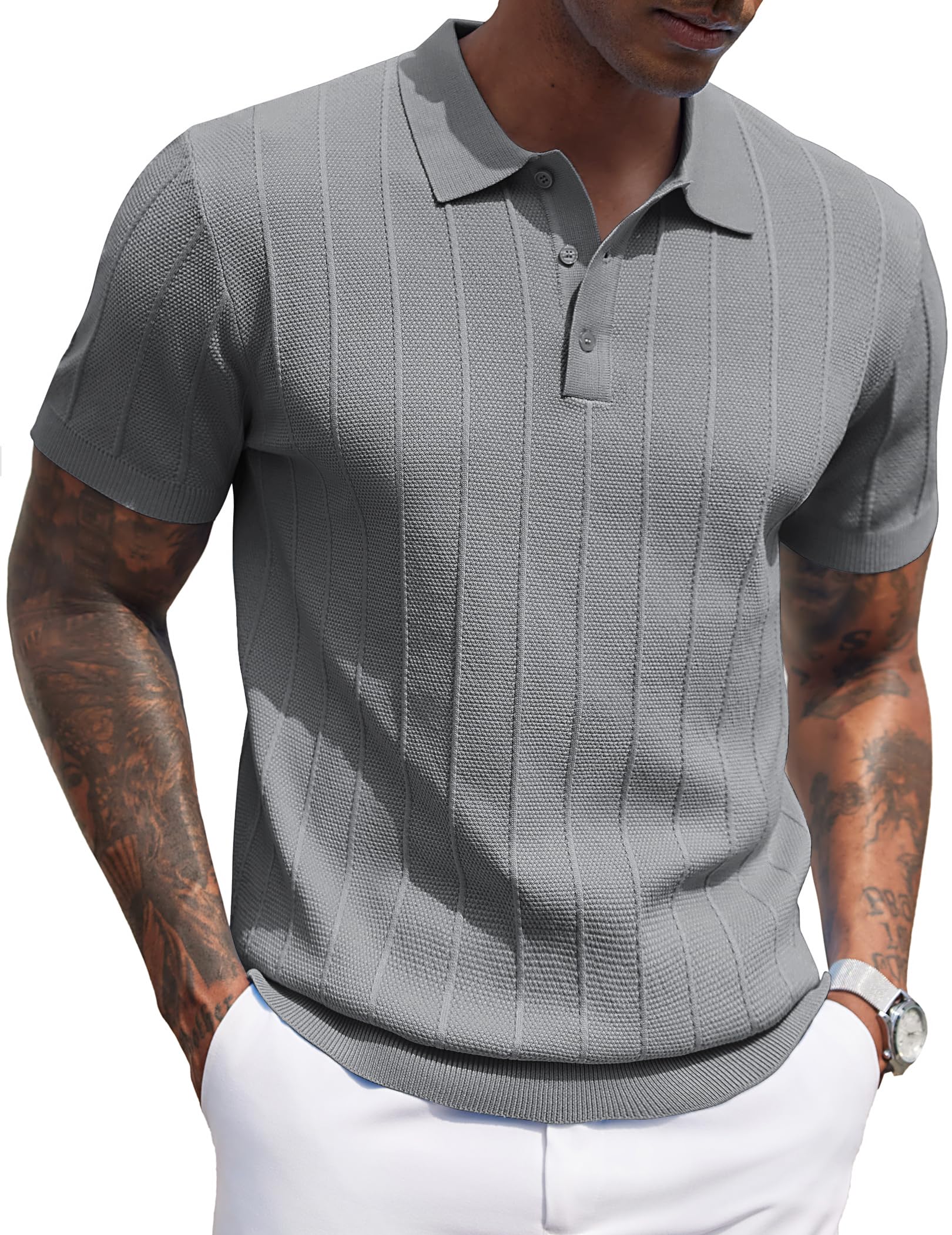 COOFANDY Mens Knit Polo Shirts Short Sleeve Ribbed Textured Polo Shirt Lightweight Casual Golf Shirts Collared T Shirt Dark Gray Small