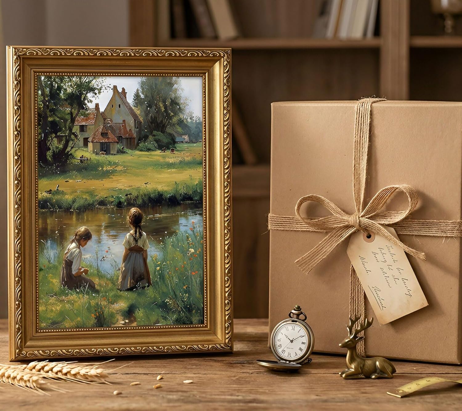Vintage Gold Frame Living Room Canvas Wall Art Retro Scene With Girls Painting Picture Wall Decor Riverside on The Edge of the Countryside Poster Print Artwork for Room Nursery Home Decoration 12x16in