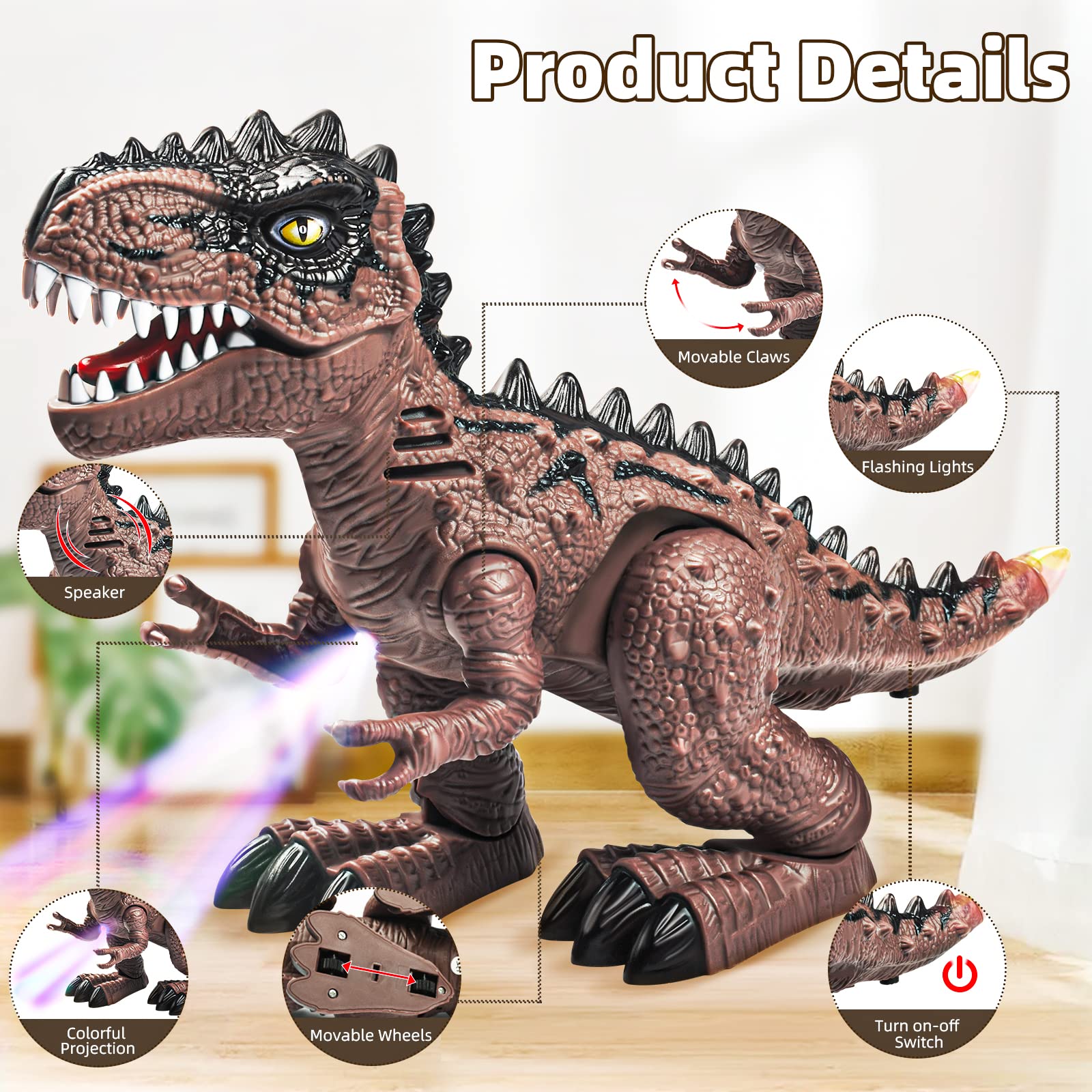 Doloowee Juguete de dinosaurio para niños de 3 – 5/5 – 7 años, juego de 3 robots eléctricos de dinosaurio con luces LED y sonidos, juguete de dinosaurio para niños y niñas