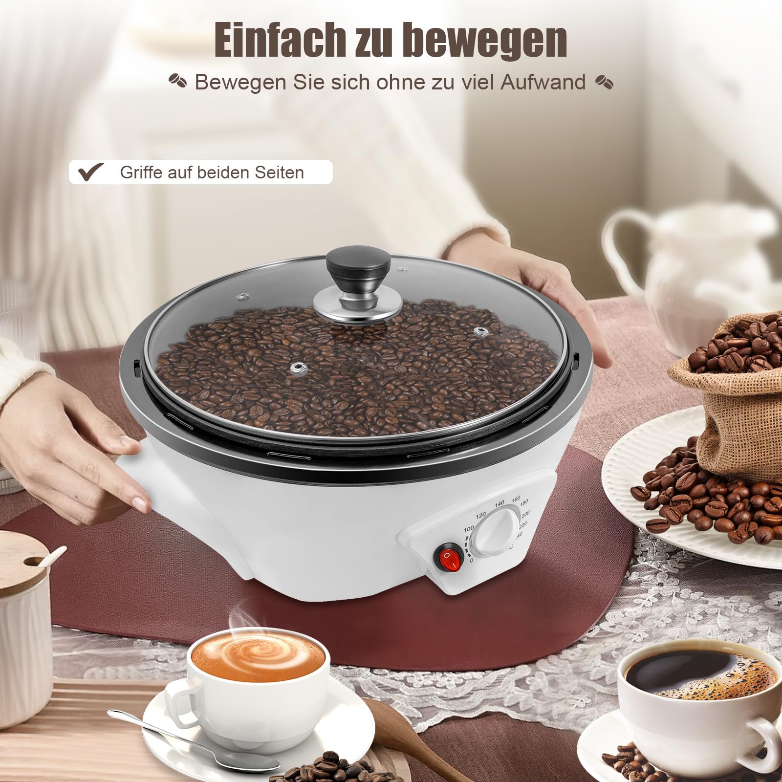 1200w Elektrische Kaffeeröster, Röstmaschine Bohnenröster MAX 1500g mit Einstellbare Temperatur, Kaffeeröstmaschine für Cafés, Familien, Vereine