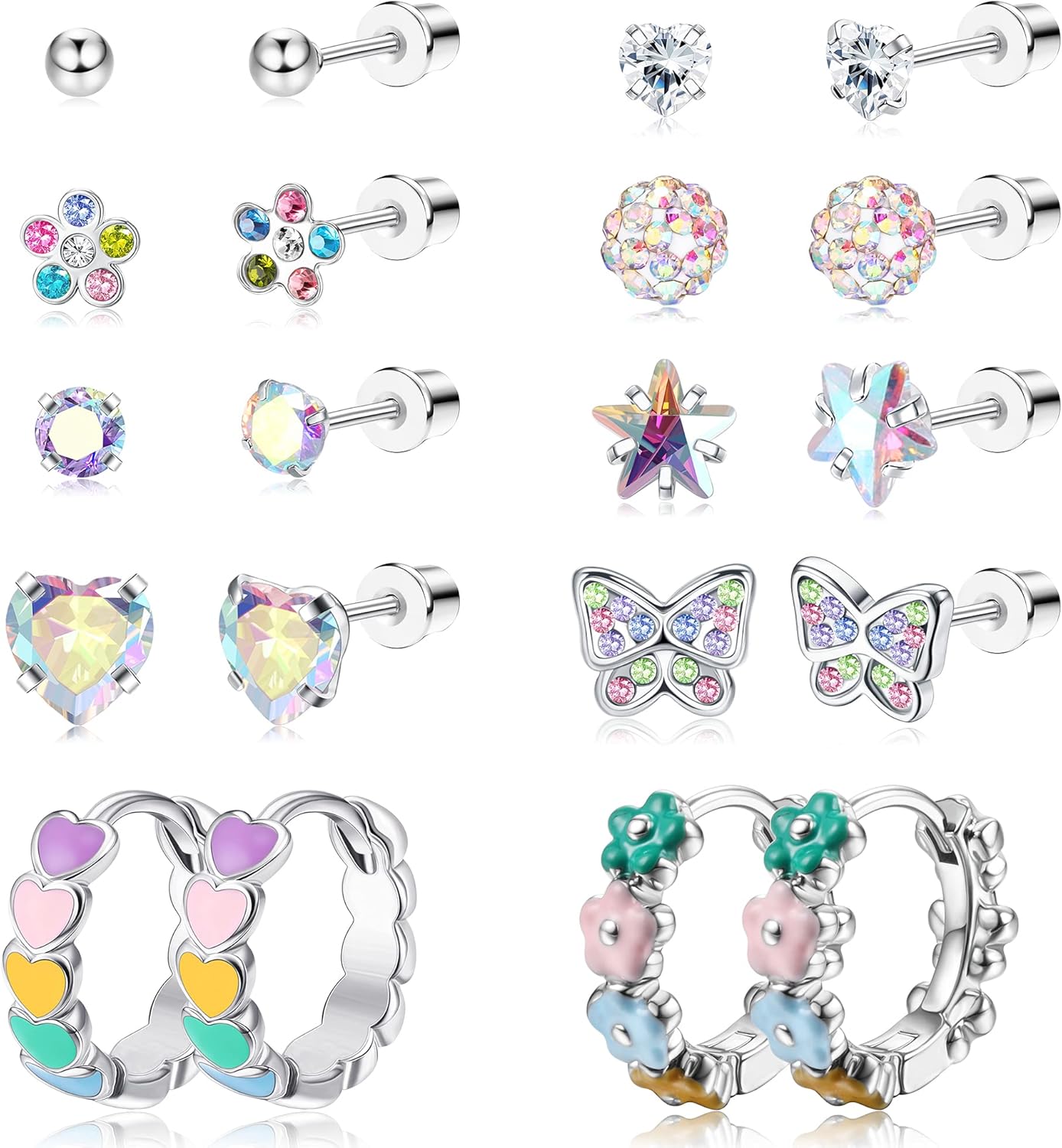 SAILIMUE 10 Pairs Hypoallergenic Screw Back Earrings for Women Girls 316L Stainless Steel Heart CZ Flower Butterfly Screwback Stud Earring Cute Hoop Earring Set