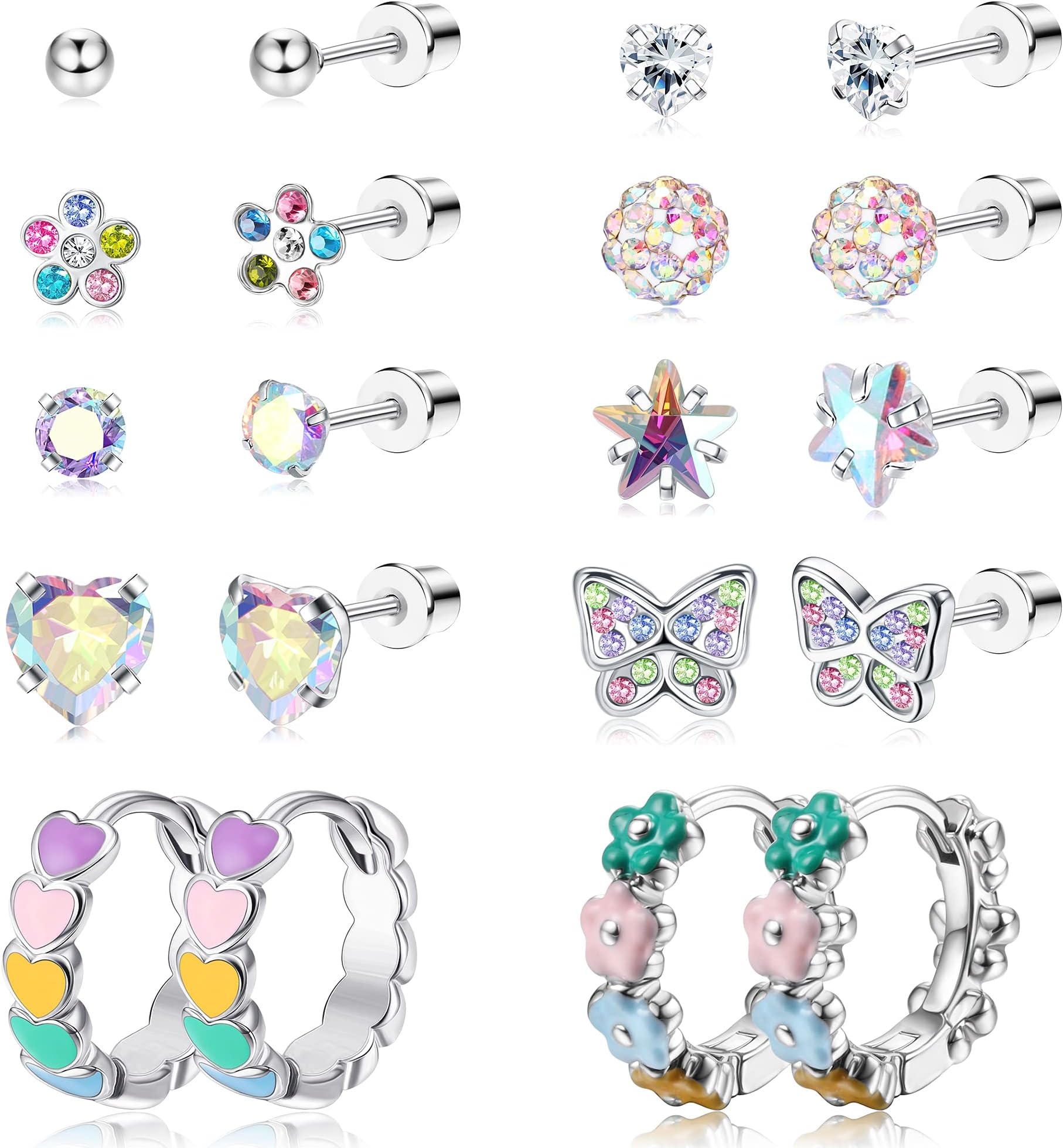 SAILIMUE Hypoallergenic Earrings for Girls Women Surgical Steel Cute Baby Kids Toddler Earrings Screw Back earring Stud Hoop Earring Set 10Pairs Christmas Gifts