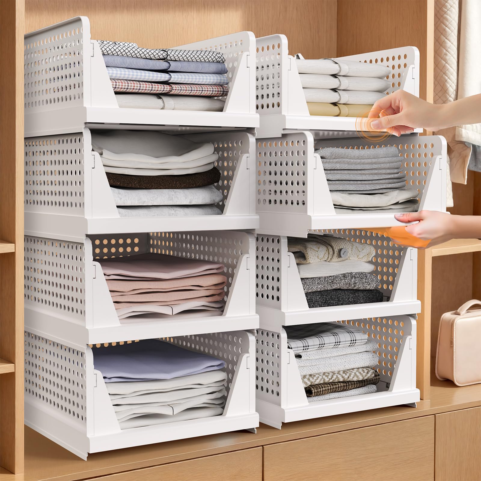 Tuocal 8 Pack White Pack Of 8 Stackable Cupboard Wardrobe Organiser Foldable Storage Boxes Stackable Shelf Storage Space Saving Cupboard Drawer For Bedroom, Kitchen, Bathroom, Office