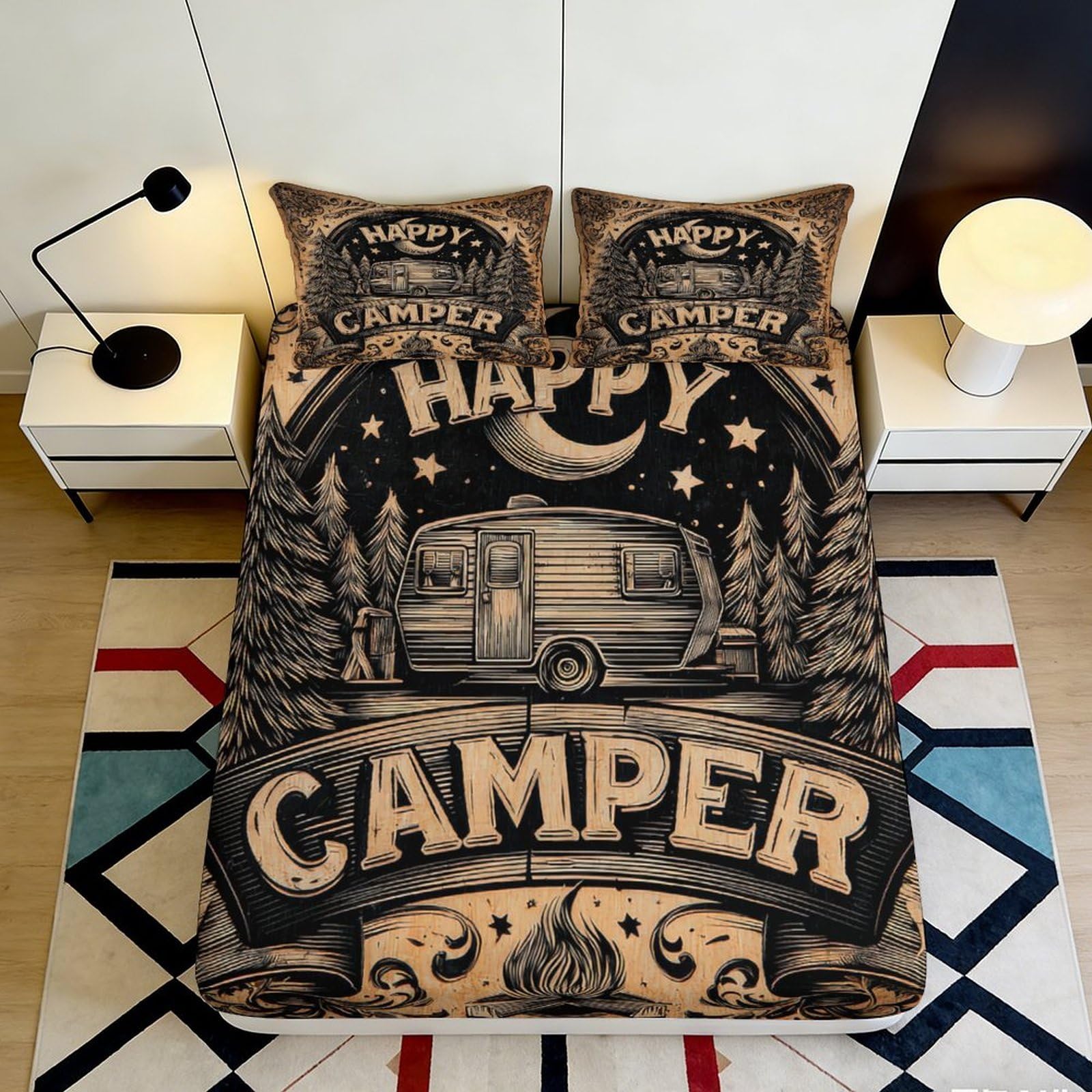 3D Printed Happy Camper Fitted Sheet Microfiber Forest Trailer Bed Cover for Bedroom Dorm Anti-Slip Machine Washable Decor 90x200x25cm