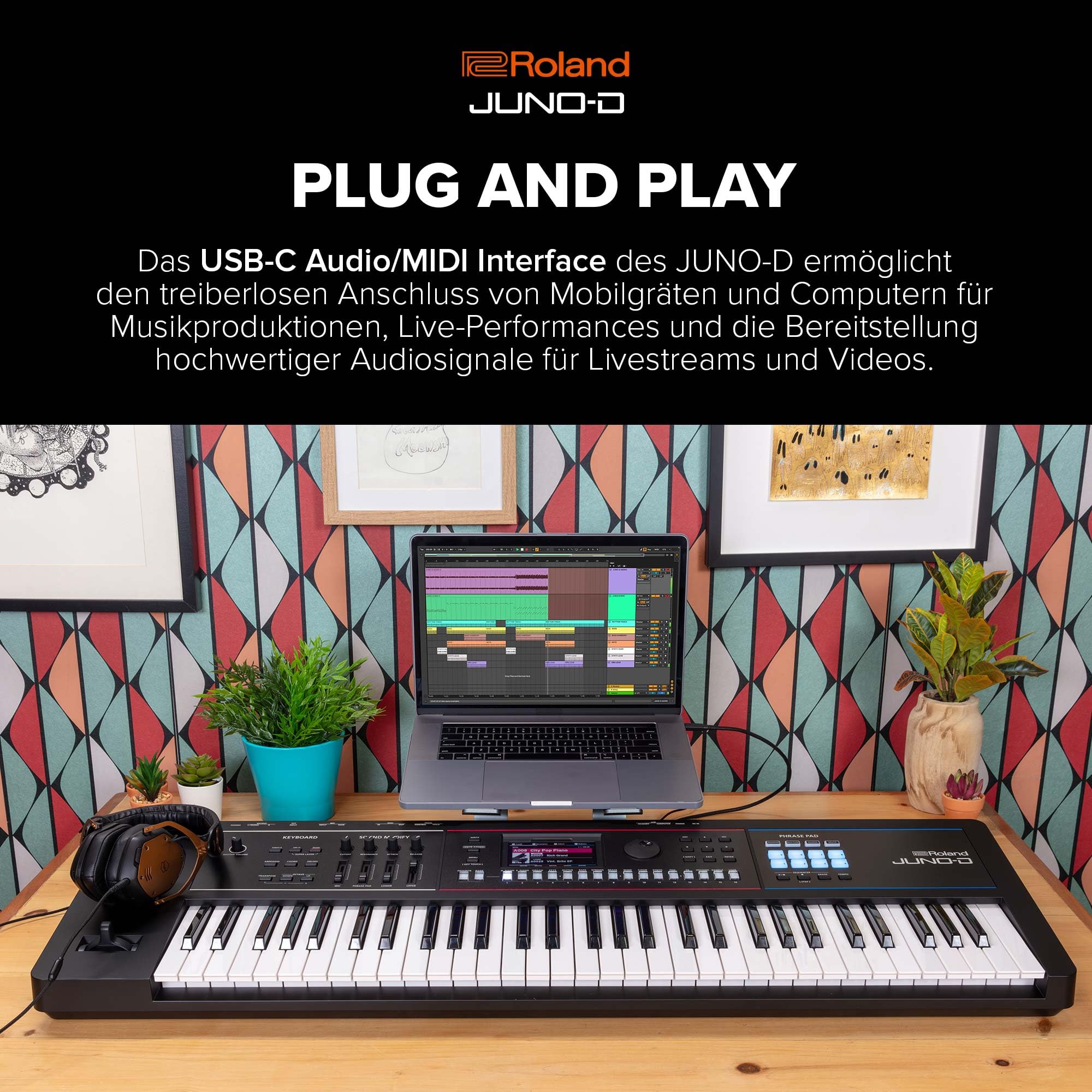Roland JUNO-D6 Synthesizer | Synthesizer-Tastatur mit 61 Tasten | ZEN-Core Engine mit über 3.800 integrierten Sounds | Intuitive Kreativwerkzeuge | USB-C Audio/MIDI Interface