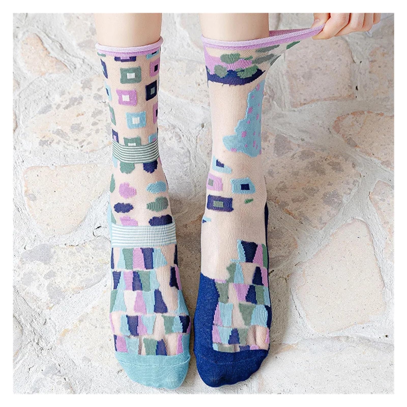 Medias Cortas Mujer 2 pares de calcetines seda cristal transparentes ultrafinos verano con divertidos dibujos animados, lindos largos elásticos