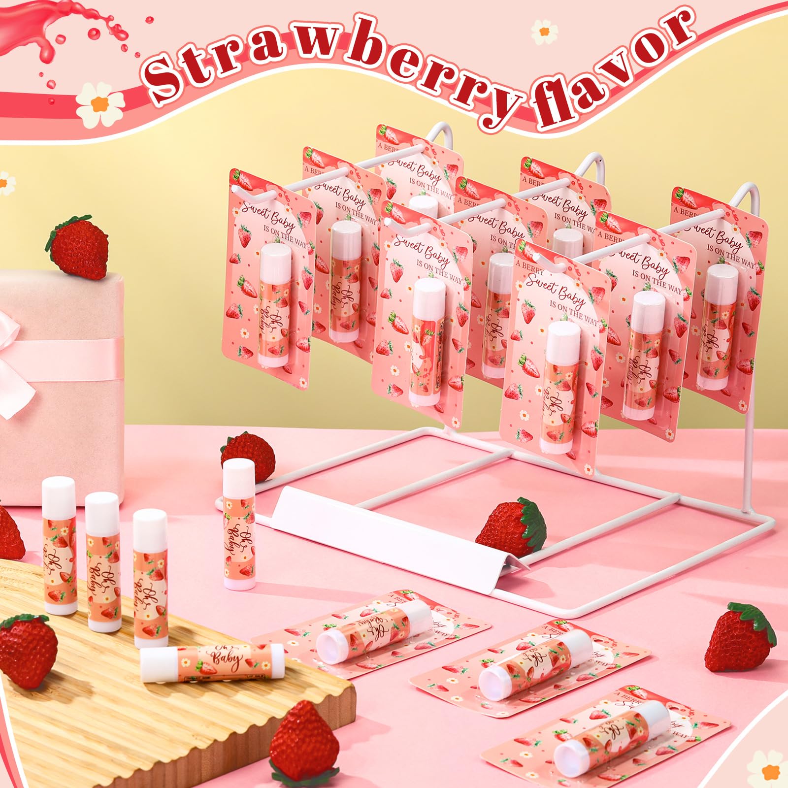 Paquete de 30 juegos de baby shower de fresas dulces, premios de fiesta, bálsamos labiales a granel, regalos para ganadores, adultos, invitados, revelación de género, regalos, regalos, regalos