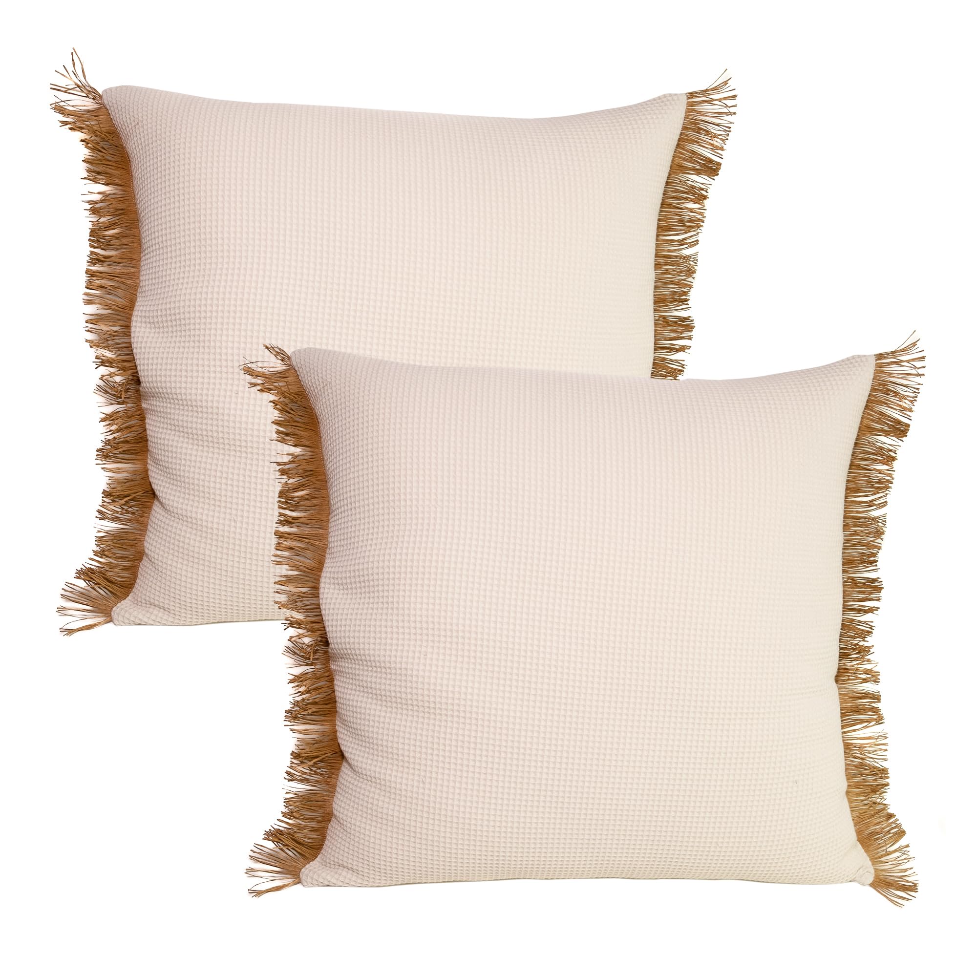 TAPIDECOR | Pack 2 Fundas + 2 Rellenos de Cojín | Modelo Fleco Rafia Ocre | Decoración Hogar | Cojin Dormitorio, Sofá, Salón, Terraza | Diseño Moderno y Elegante | Tejido Piqué Gofrado | 60x60cm …