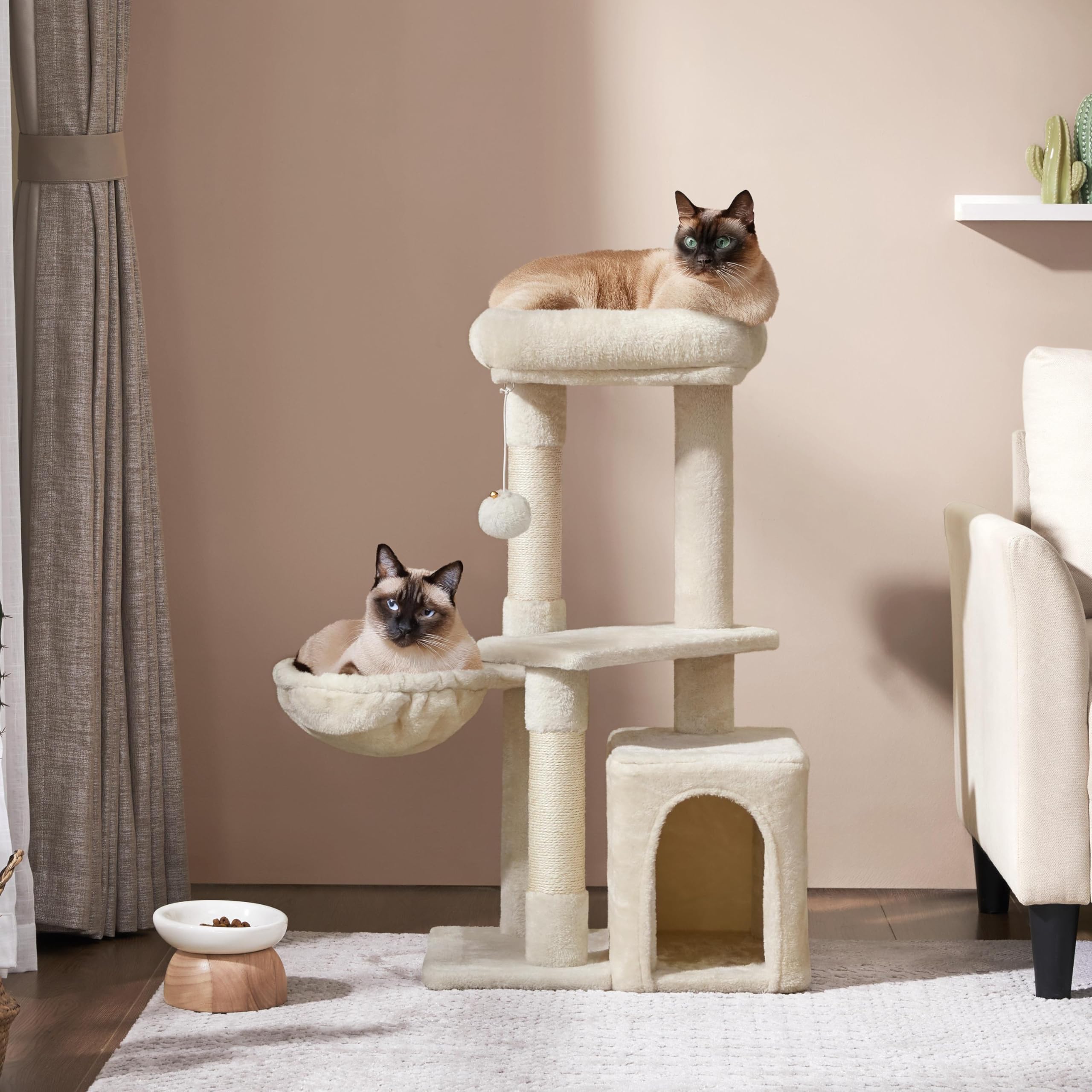 Abician Arbre à Chat Arbre à Grimper Hauteur 96cm Tour de Jeu avec Poteaux Griffoir Cordes Sisal Cachette Panier Niche Beige