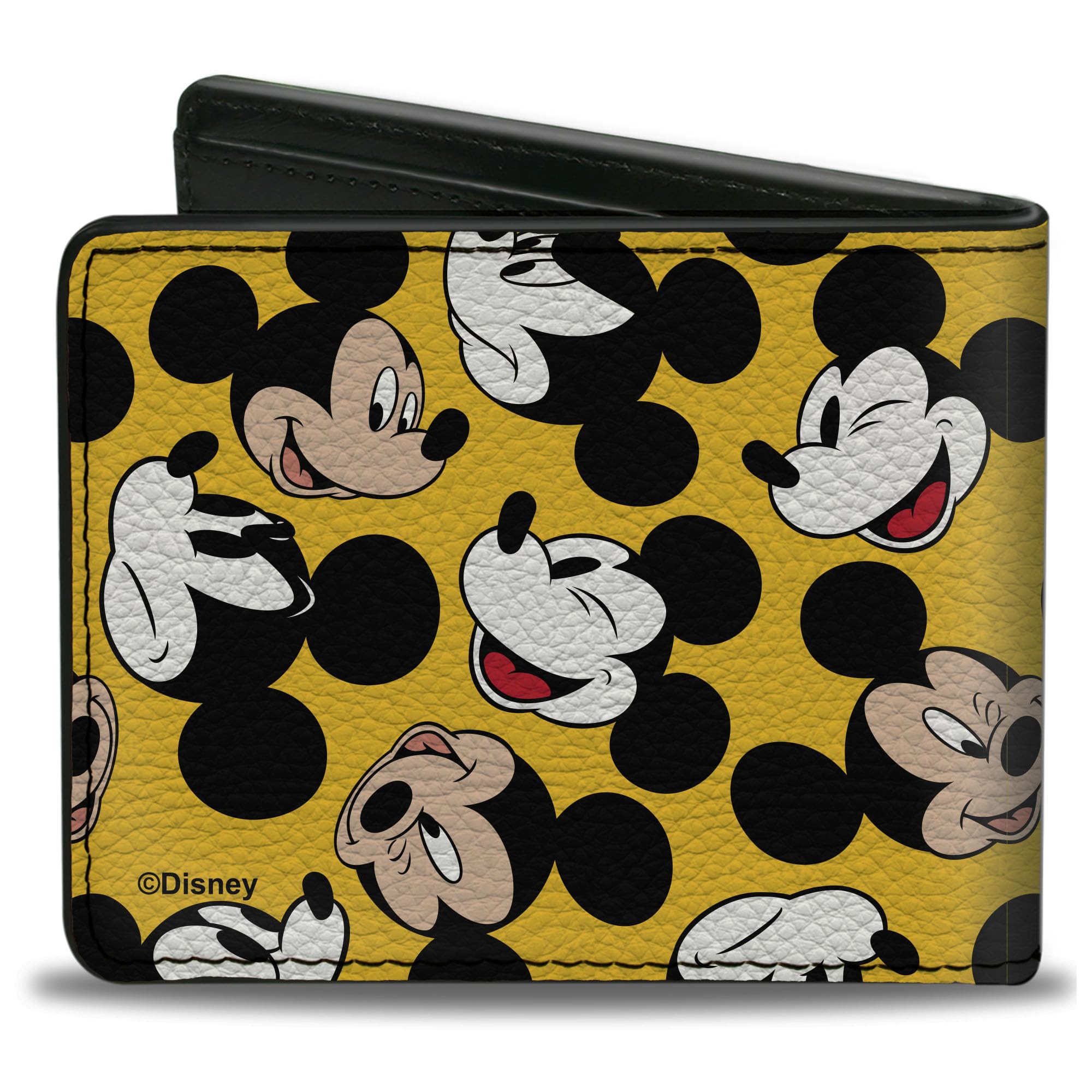 Buckle-Down Men's Disney Wallet, Bifold, Mickey Mouse Through The Years Expressions Scattered Yellow, Vegan Leather, 4.0