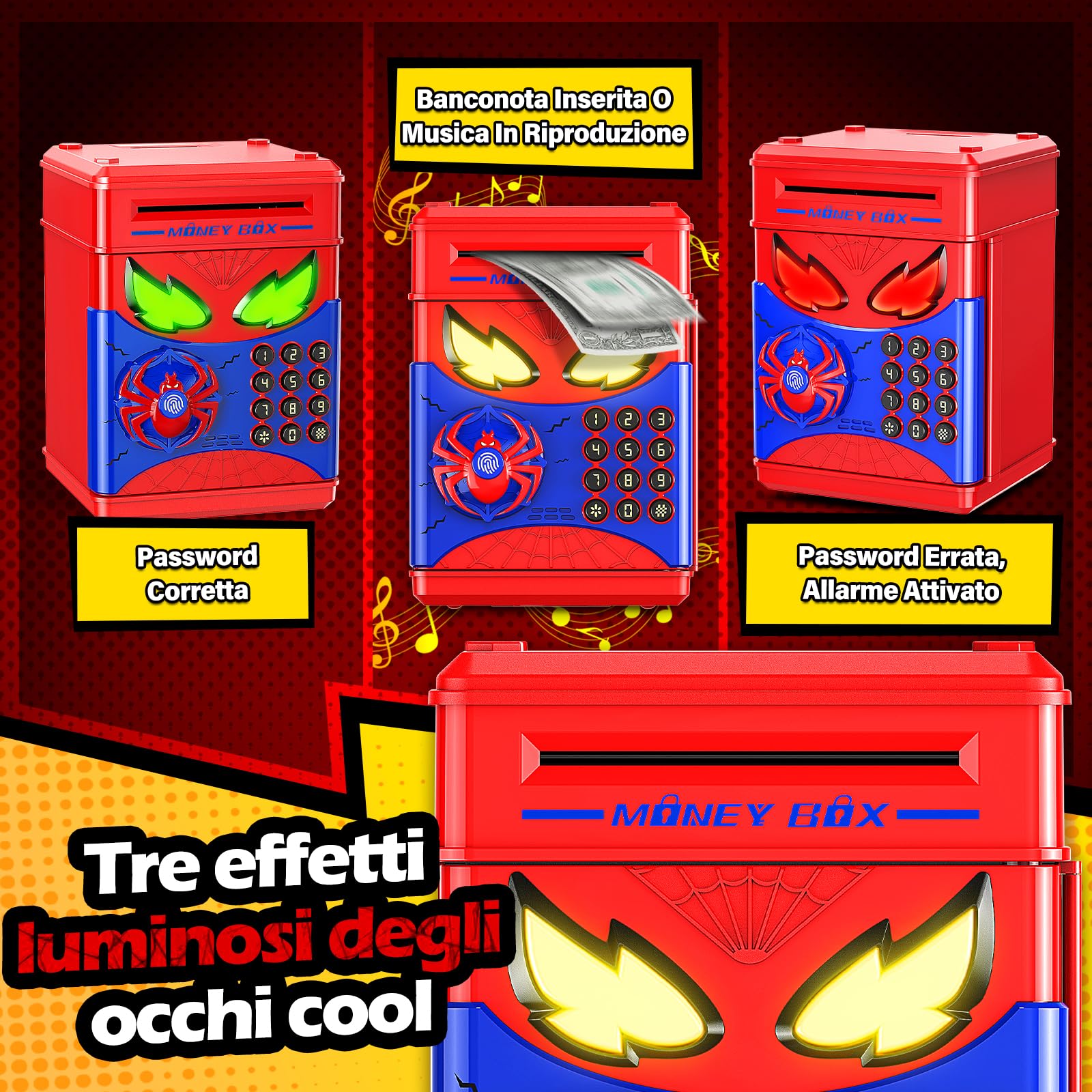 Salvadanaio Bambini - Salvadanaio Elettronico Cassaforte Spider con Impronta Digitale e Codice, Regalo Gioco Educativo Bambini 3 4 5 6 7 8 10 12 Anni