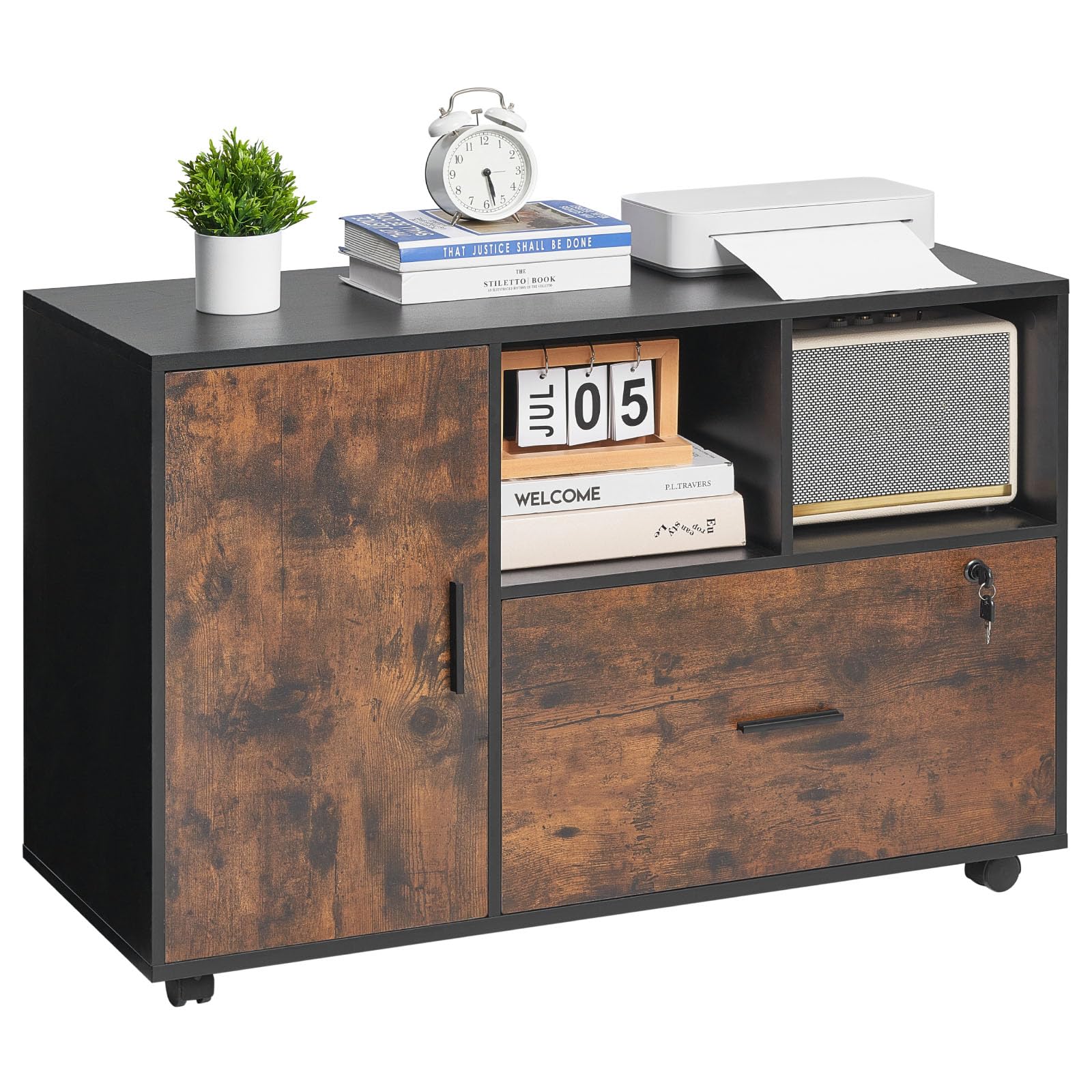 VEVOR Classeur Dossier Mobile en Bois, Meuble de Rangement de Bureau avec Étagères Ouvertes et Tiroir Verrouillable, Support d'Imprimante Autonome, pour Maison, Bureau, École, Marron Rustique