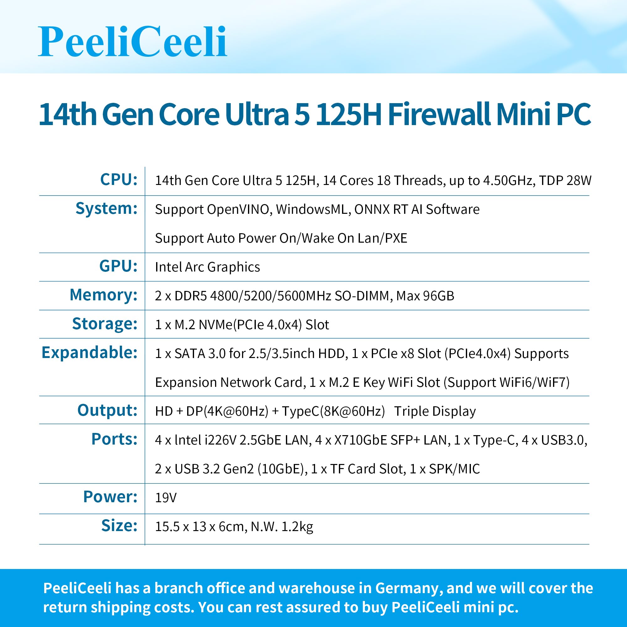 Firewall Appliance Mini PC, 14th Gen Core Ultra 5 125H, 82599ES 4 x 10GbE SFP+, 4 x i226 2.5G LAN, AI Micro Computer Router, NPU, Win/OPNsense, AES-NI, DDR5 NO RAM/SSD/OS
