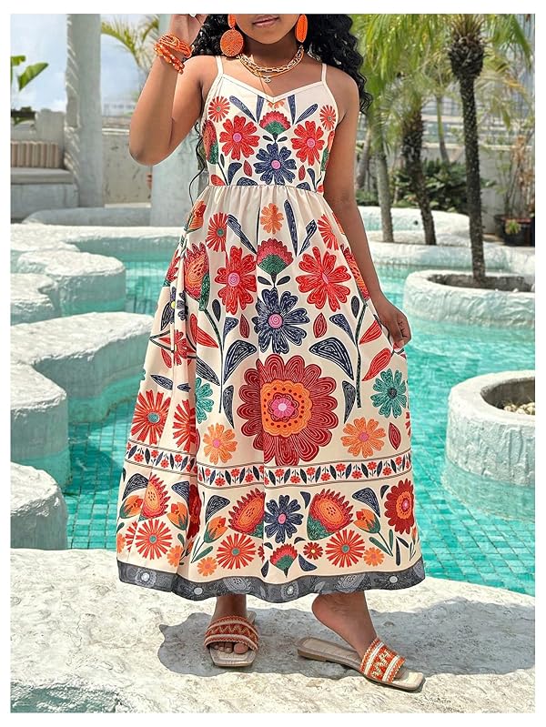 BEAUDRM Girl's Floral Cami Dress Boho V Neck Sleeveless Beach Vacation Long Flowy Summer Sundress Multicolor 8Y by BEAUDRM - Used condition - Image 3