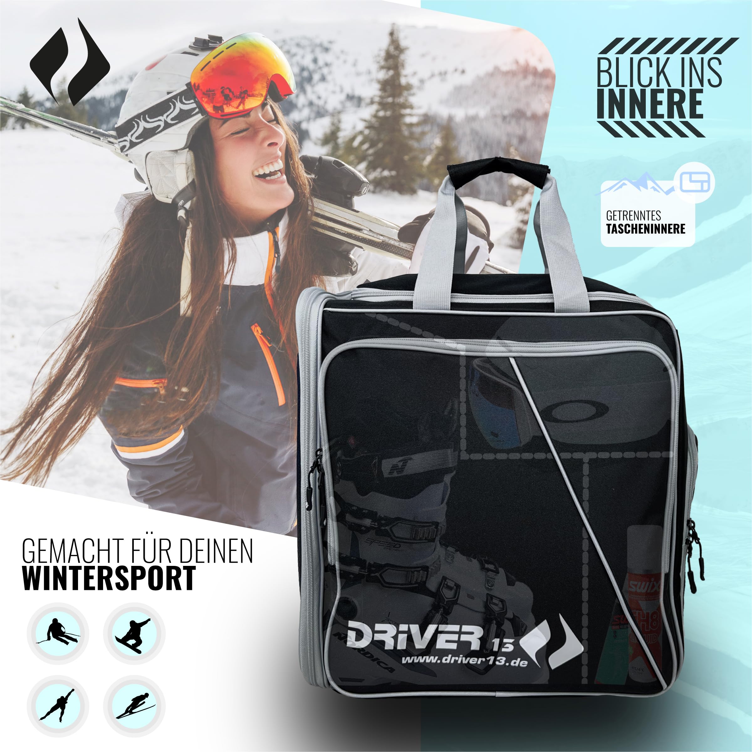 Driver13 ® Mochila para Botas de esquí con Compartimento para Casco + Mochila para Reloj de esquí con Compartimento para Casco para Botas duras + de Snowboard + inliner + Bolsa para Botas Negro-Gris