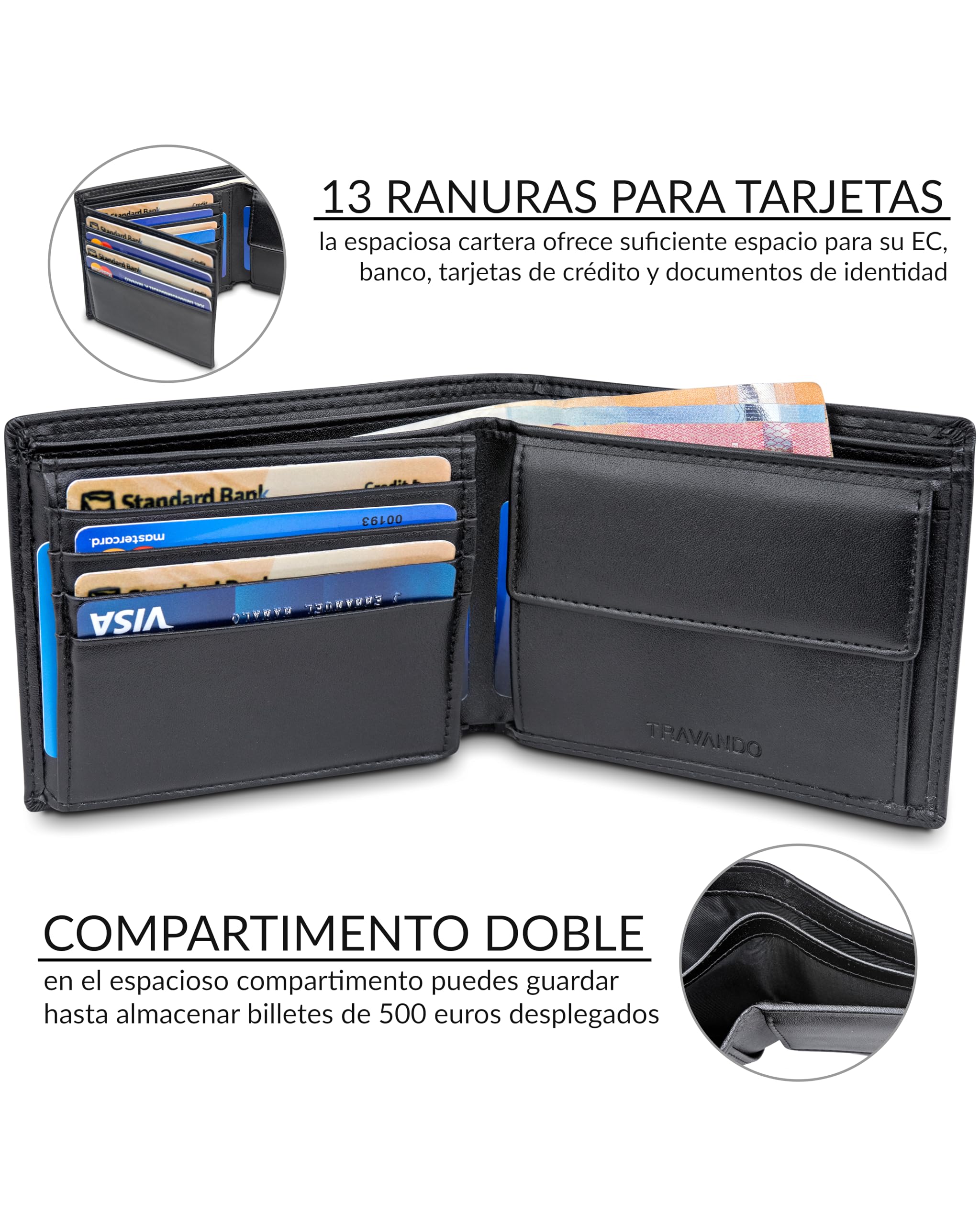 TRAVANDO Cartera Hombre Madrid con Bloqueador RFID, Billetera Negra, Tarjetero, Monedero Varón, Portamonedas, Regalo, Wallet, Vertical, Bolsillo Monedas Botón a presión Tarjetera, Ranuras