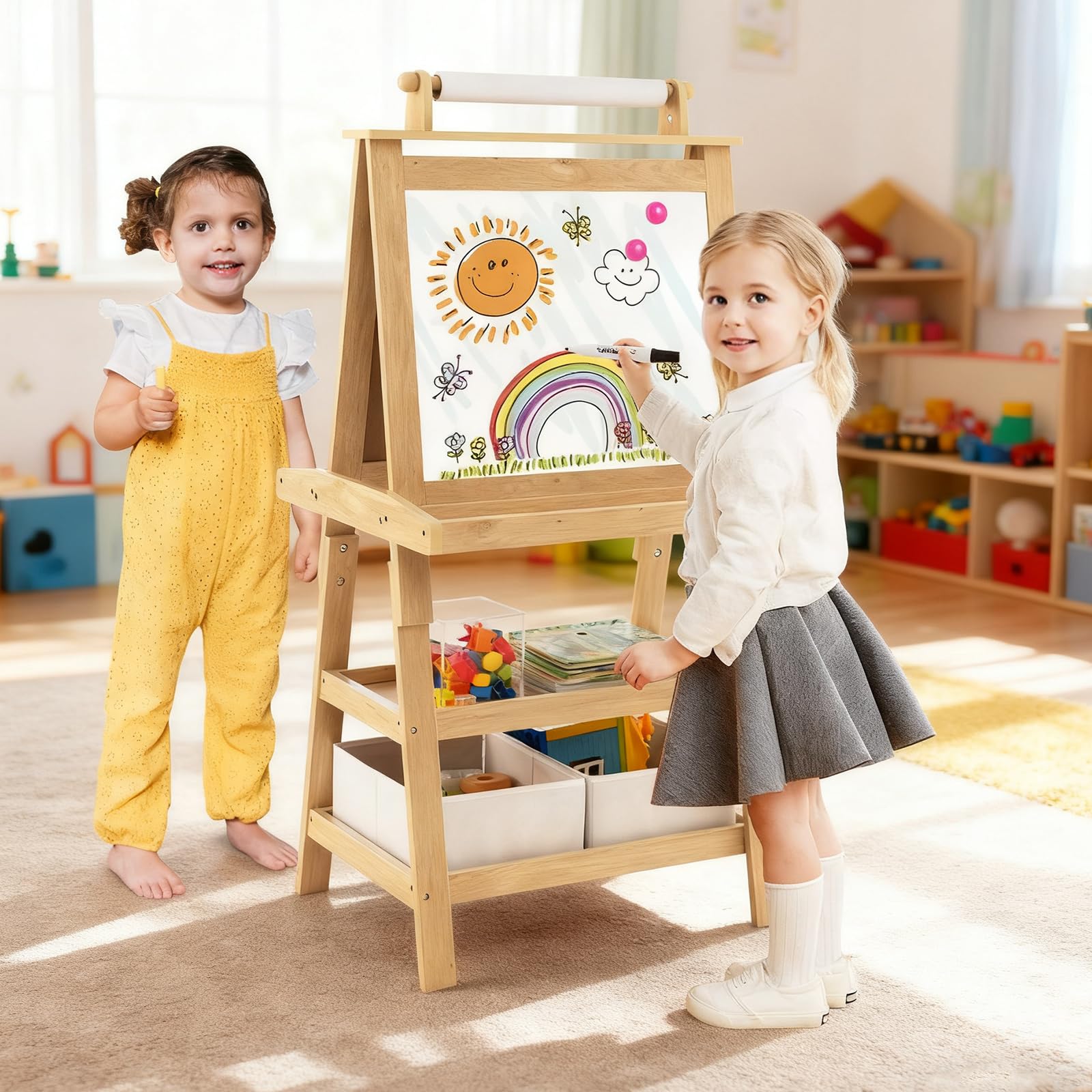GOPLUS Caballete para niños de doble cara, Pizarra infantil de madera, Tabla de dibujo magnético con rollo de papel, cajas de almacenamiento, pintura multifunción accesorios completos (natural)