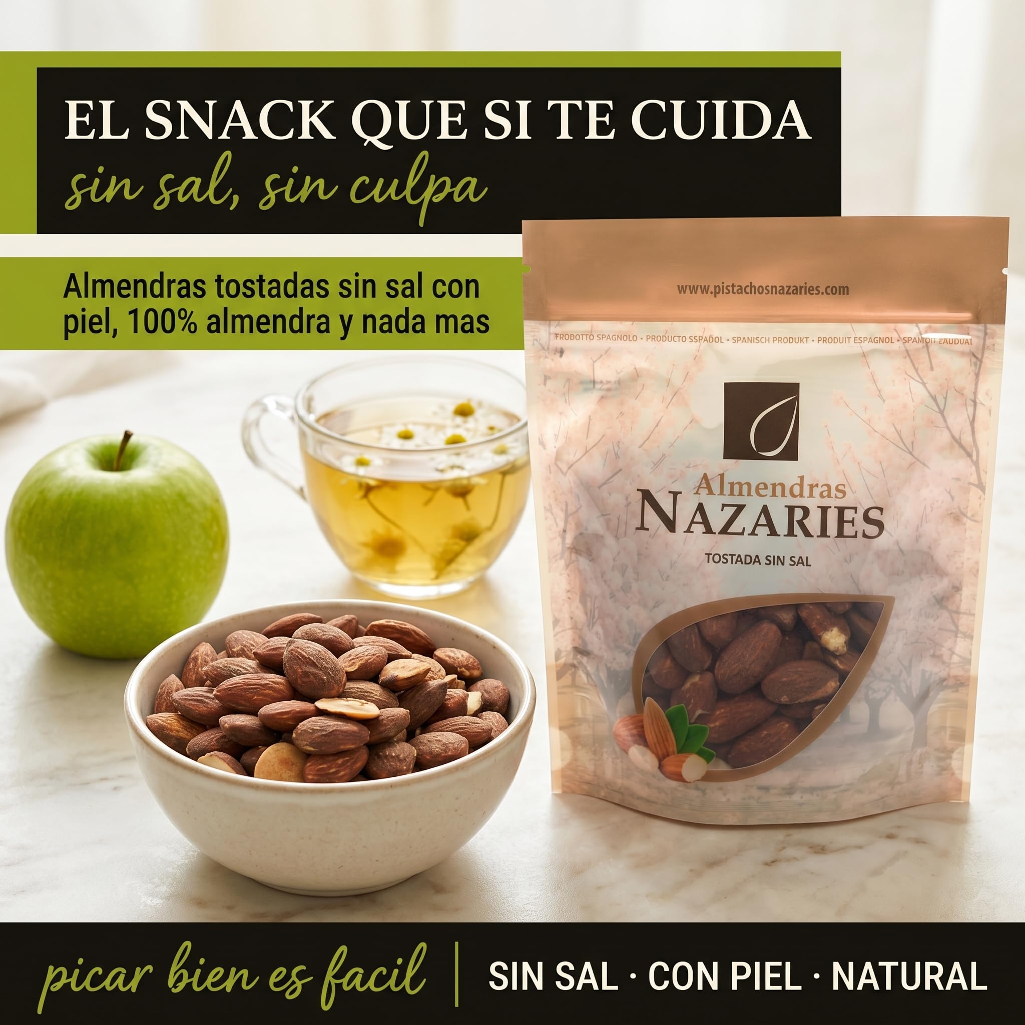 ALMENDRAS NAZARIES Almendras Tostadas sin Sal con Piel Naturales 6 x 150 g Españolas variedad Belona 900 g Cultivo Propio en Andalucia 100% Almendra Fruto Seco Sin Gluten Snack Saludable Para Picar
