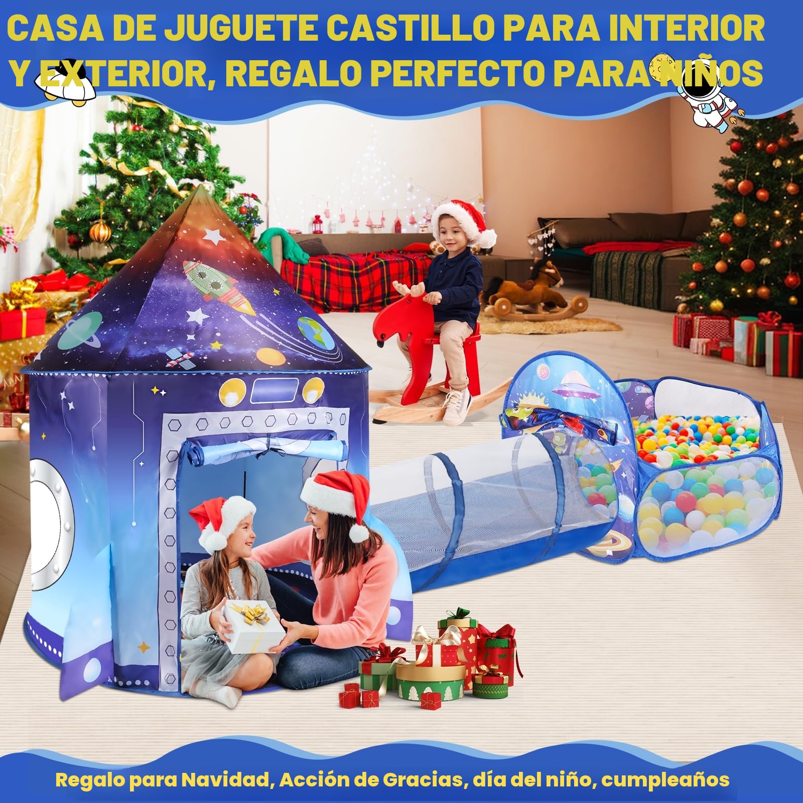 Cohete 3 en 1 Carpa de Juego con Túnel y Piscina de Pelotas para Niños Playhouse Plegable para Interior Exterior - Juguete Espacial Bebés y Niños - Cumpleaños Navidad Fiestas Infantiles Tienda Rocket