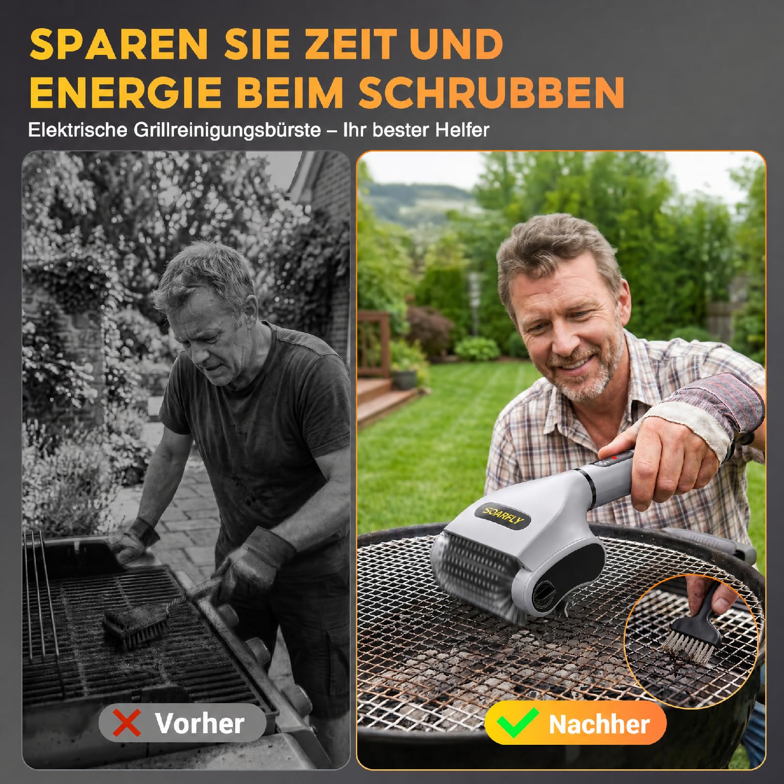 SOARFLY Elektrische Grillbürste, Grillbürste mit Einer Laufzeit von 210 Min bei 800 U/min, 20 kg Drehmoment & Zwei LED-Leuchten, Elektrische Reinigungsbürste für Männer und Grillfans