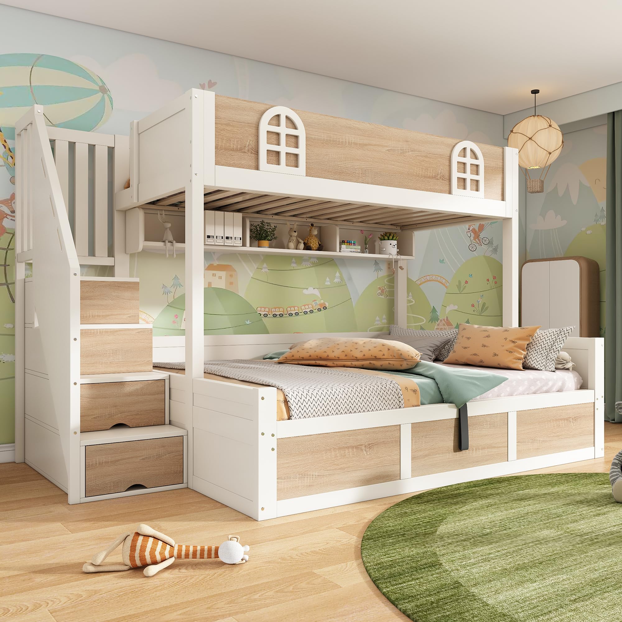 Lit Superposé 90x200 avec Armoire Intégrée Lit Rangement Structure en Bois Sommier avec Angles Arrondis avec Relevage Hydraulique avec Barrière de Sécurité avec Échelle Invités