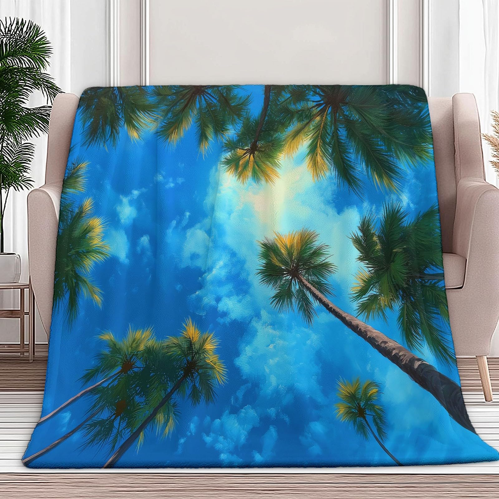 Coperta Plaid Pile in Flanella 180x220 cm Coperta Pile Piccola Tropicale Palme Cielo, Morbida Soffice Calda Coperte per Divano Singolo Matrimoniale Letto Blu