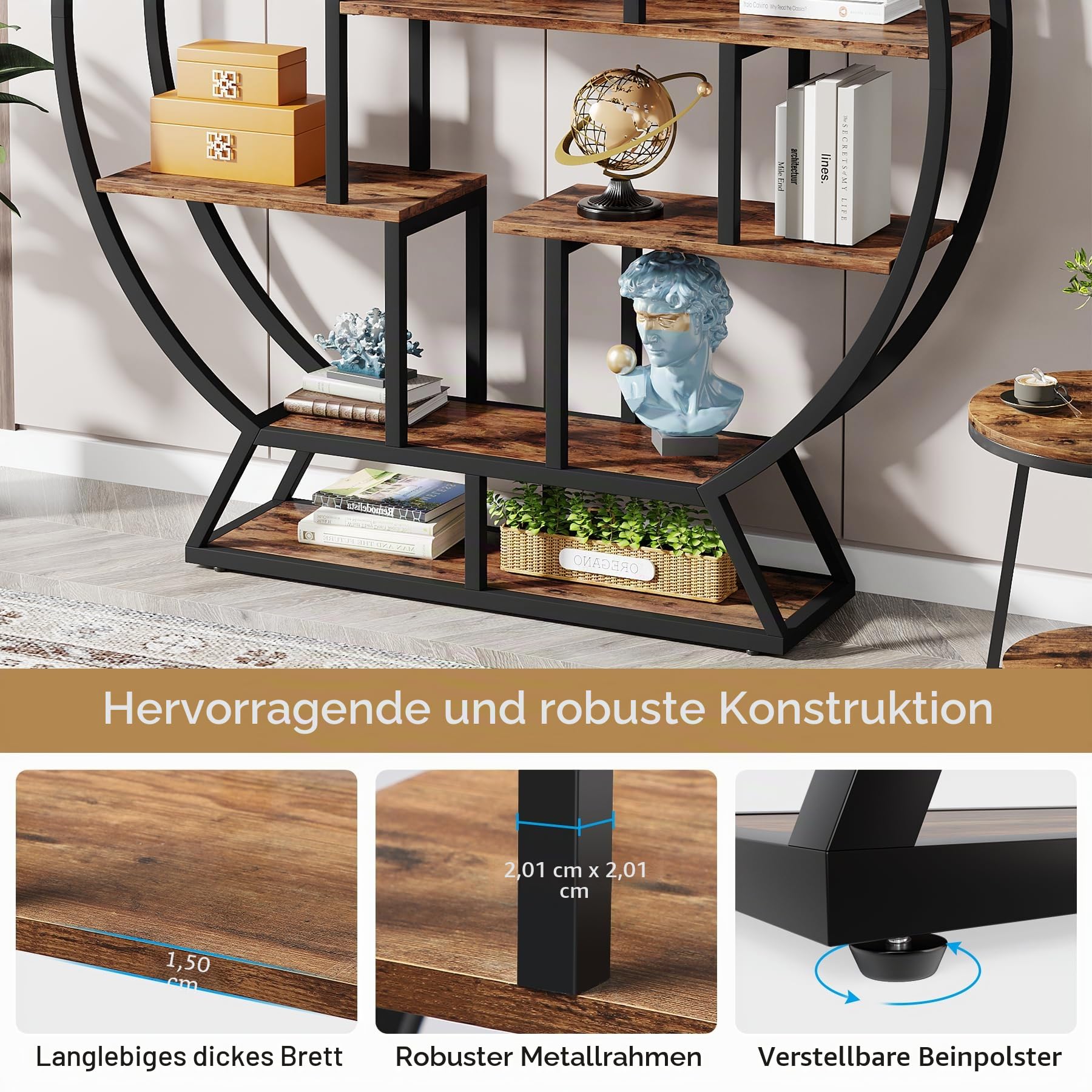 Tribesigns Rundes Bücherregal, Industrielles 5 Etagere-Bücherregal, 160 cm hohes, Rustikales offenes Regal, Organizer, Ausstellungsregal für Zuhause, Büro, Wohnzimmer, Rustikales Braun
