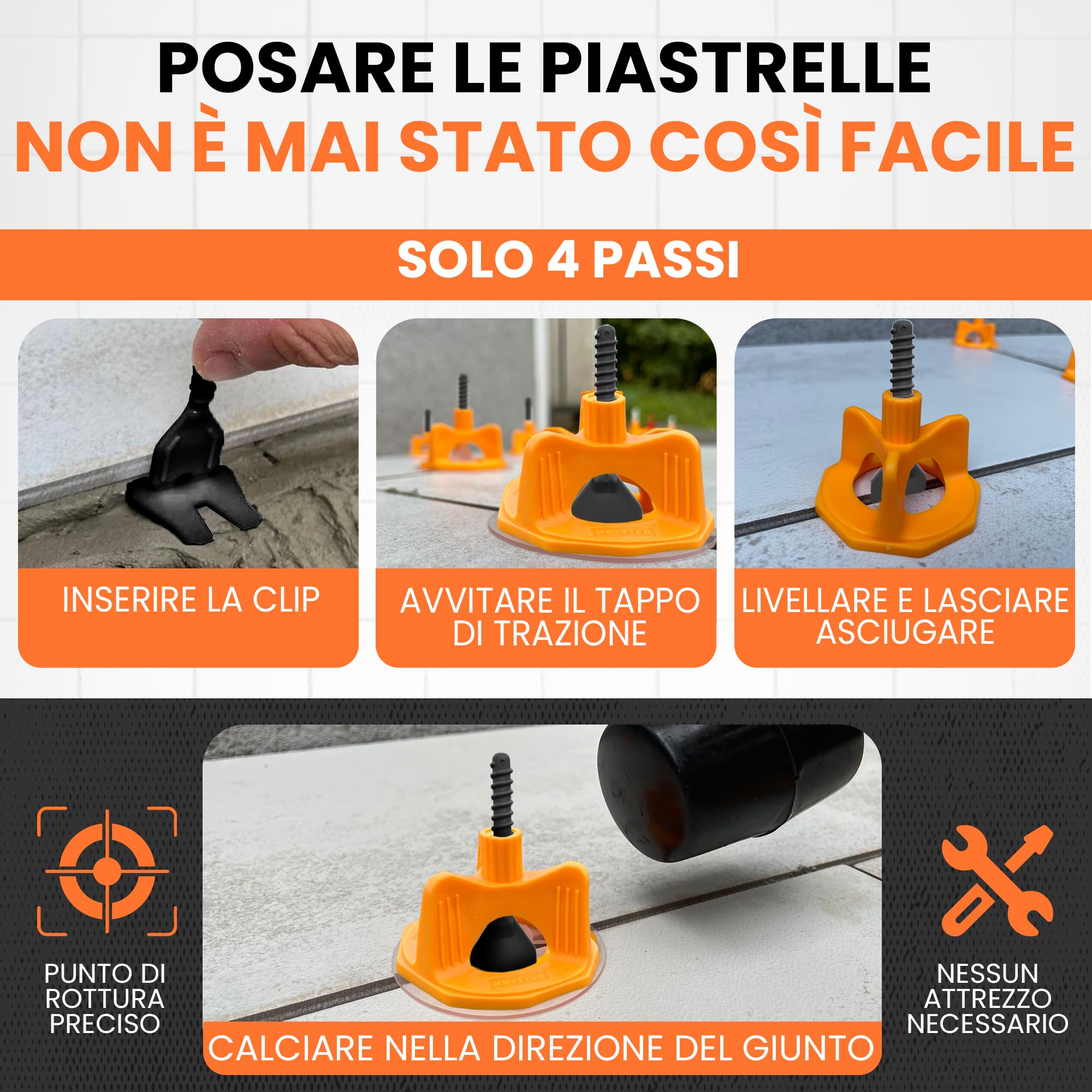 Kit di crocette autolivellanti da 3 mm – Starter Pack - 302 unità - Posa piastrelle | 100 clip + 100 quadranti + 100 protezioni + martello + livella a bolla in omaggio | Posa facile e precisa