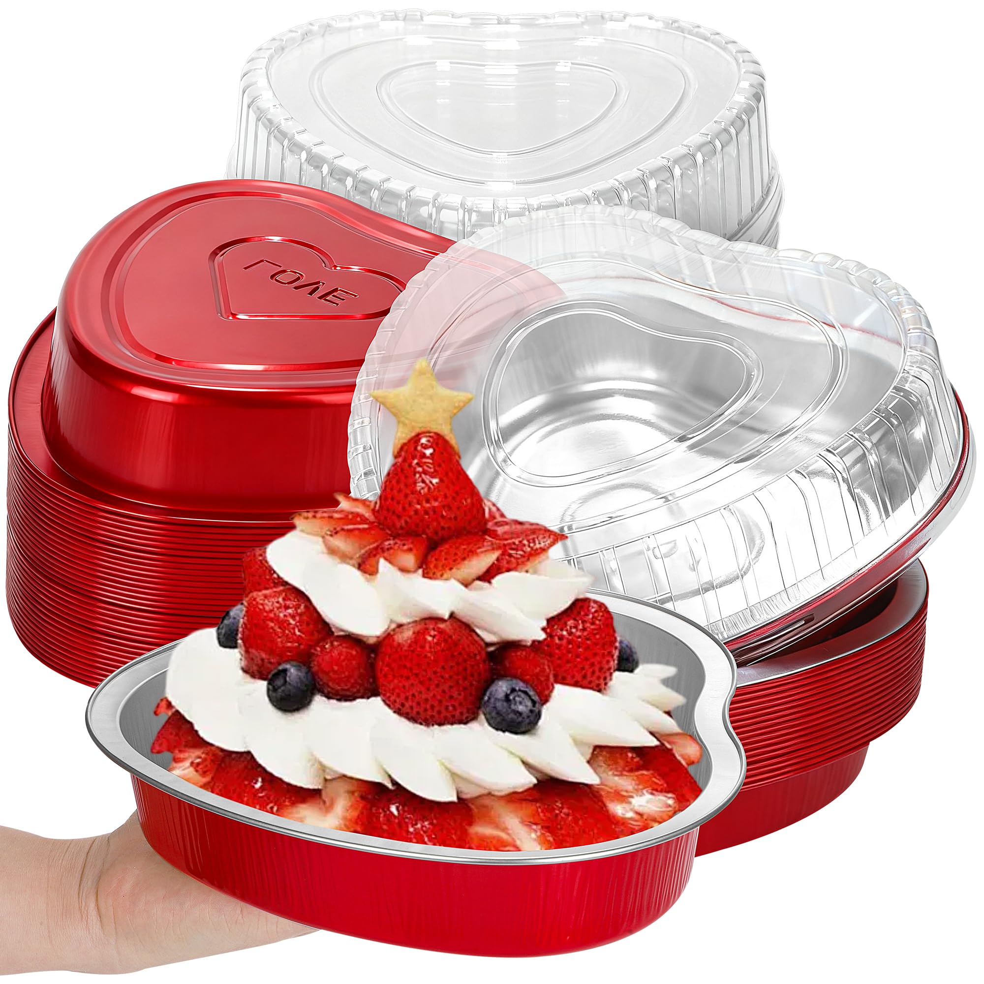 Fovths 32 Stück herzförmige Kuchenformen, 900 ml, Einweg-Kuchenformen aus Aluminiumfolie, Cupcake-Formen mit Deckel, ofenfest, Dessert-Backförmchen, für Valentinstag, Hochzeiten, Geburtstagsfeiern
