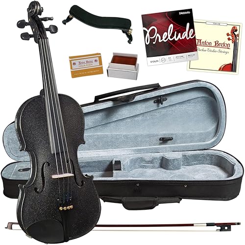 Cremona SV-75BK Student Violin Pack 4/4 Full Size - Setup and Ready to Play Outfit — Case, Rosin, Bow and Accessories - Hand carved Solid Maple and Spruce in Sparkling Black with fine-tuner tailpiece