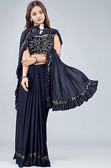 Dhyey fashion Fashionable Baby Girls Lycra Blend Saree with Velvet Unstitched Blouse Piece | Readymade Saree For Girls | Sarees For Girls