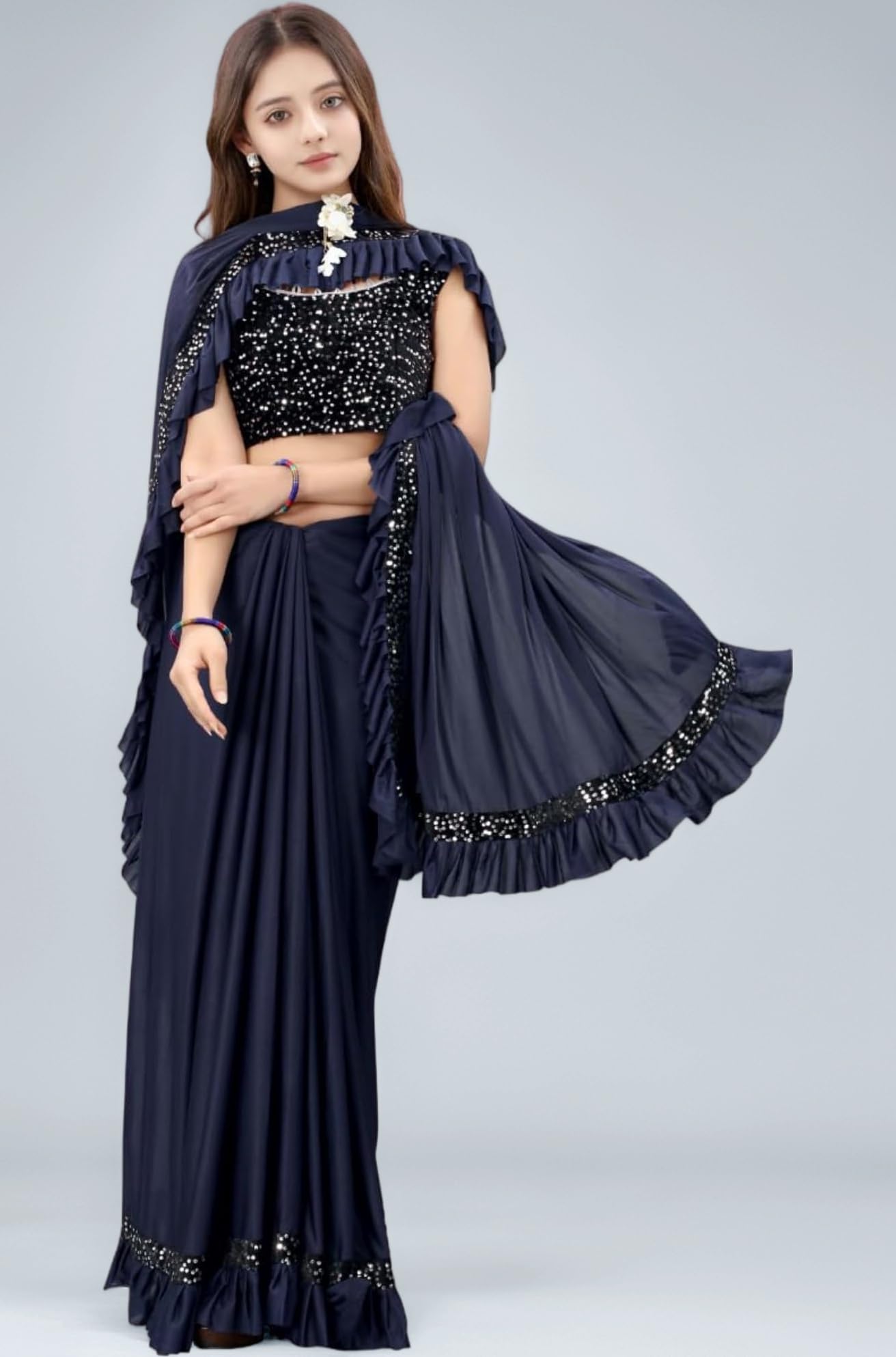 Dhyey fashion Fashionable Baby Girls Lycra Blend Saree with Velvet Unstitched Blouse Piece | Readymade Saree For Girls | Sarees For Girls