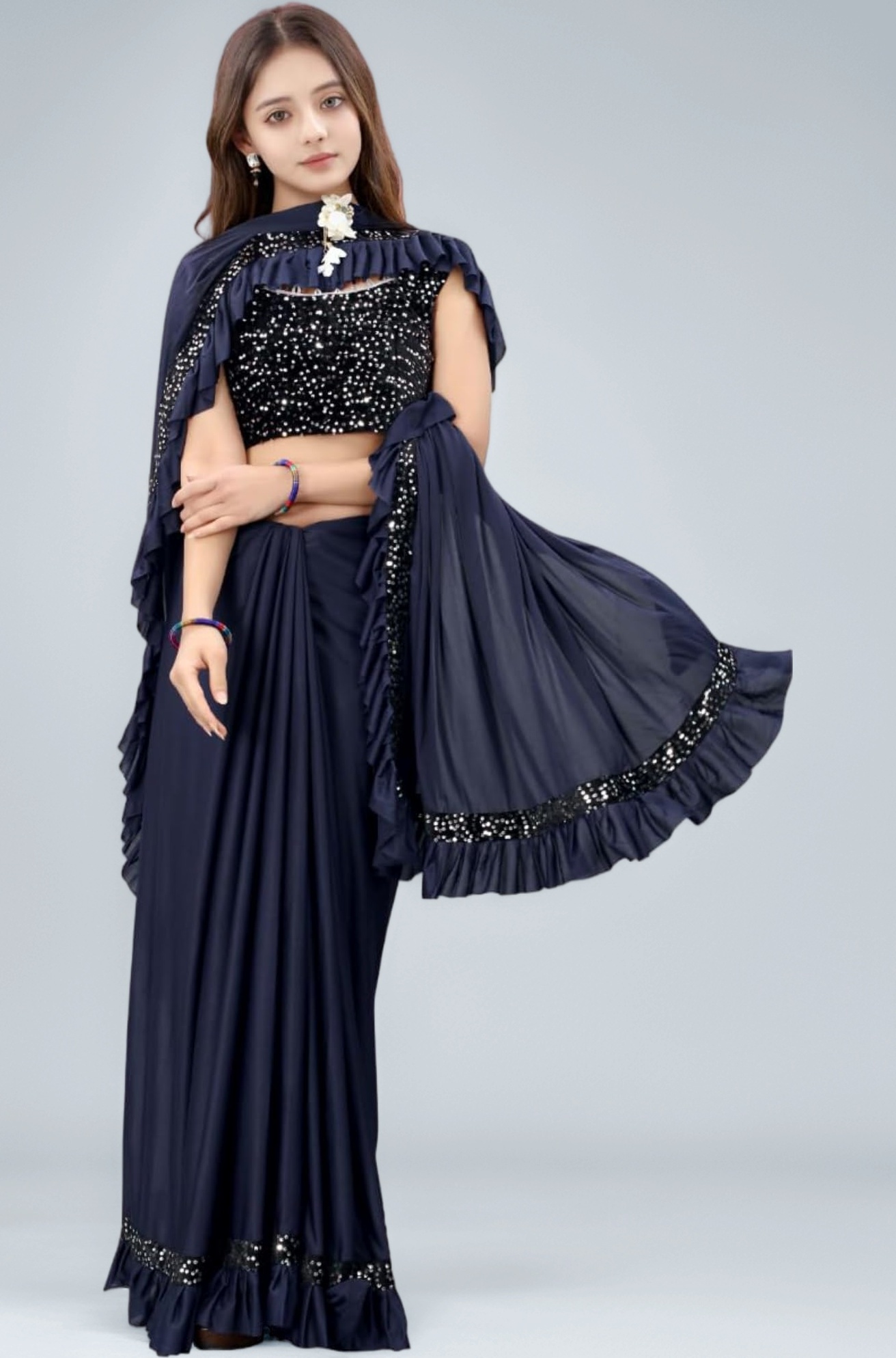 Dhyey fashion Fashionable Baby Girls Lycra Blend Saree with Velvet Unstitched Blouse Piece | Readymade Saree For Girls | Sarees For Girls