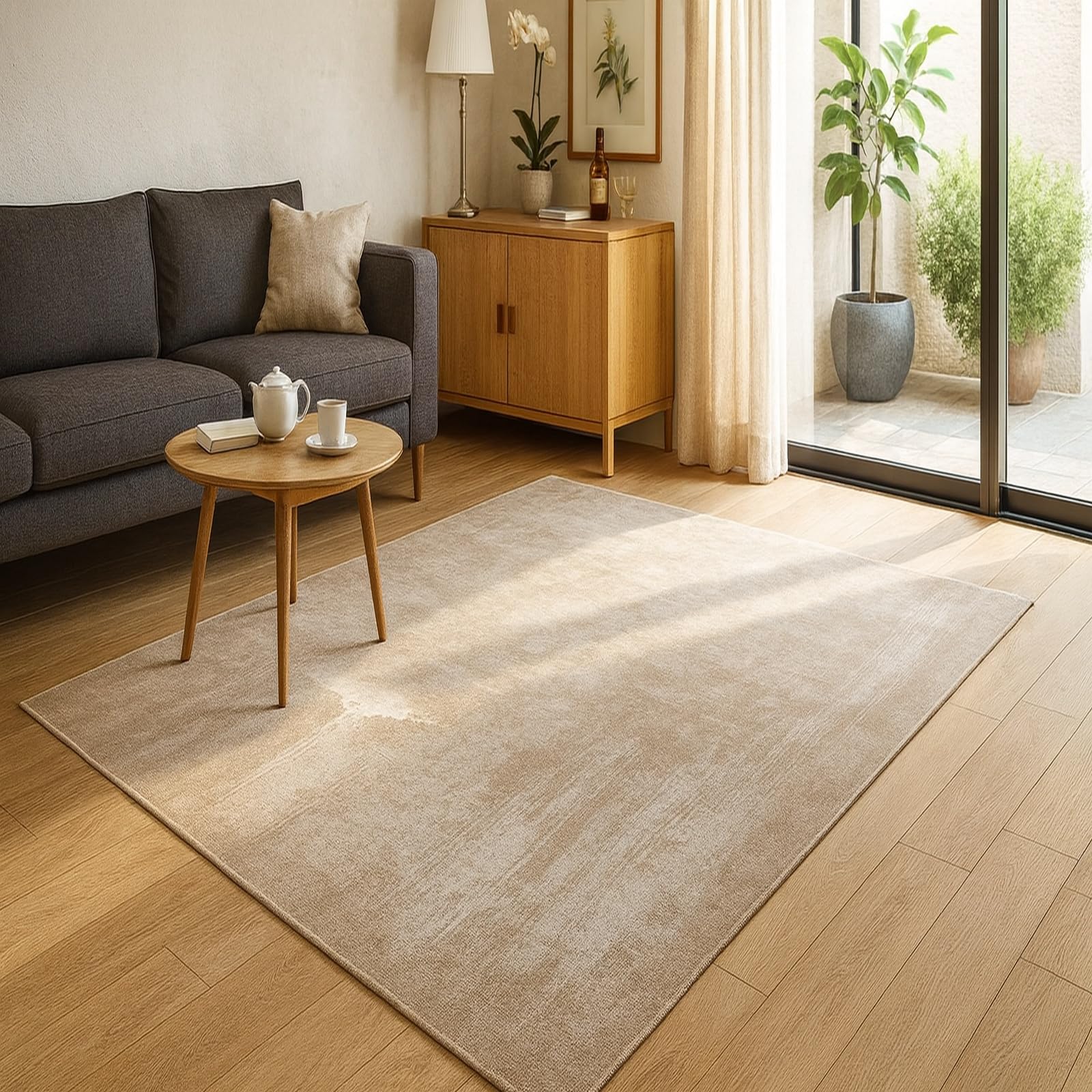 Tapis de chambre adulte grande taille beige 180x230cm abstrait pour un réveil cocooning au salon