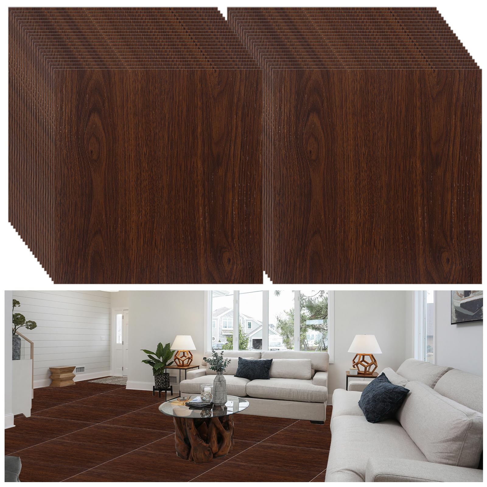 YAYODS 40PCS Dark Wood Self Adhesive Vinyl Floor Tiles, 30cm x 30cm Peel and Stick Floor Tiles for Bathroom and Kitchen, Easy to Install & Clean