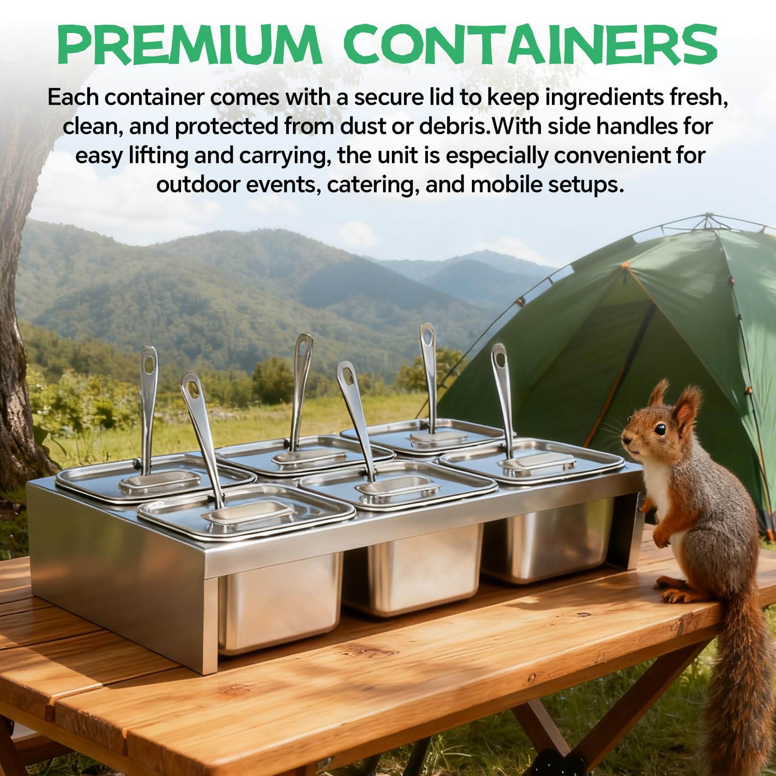 JAOGAUS Contenedor de Ingredientes, 6×2L Recipientes de Acero Inoxidable con Tapas & Cucharas, Bandeja de 6 Compartimentos Estación de Toppings para Pizza, Accesorio de Pizza para Cocina & Hostelería