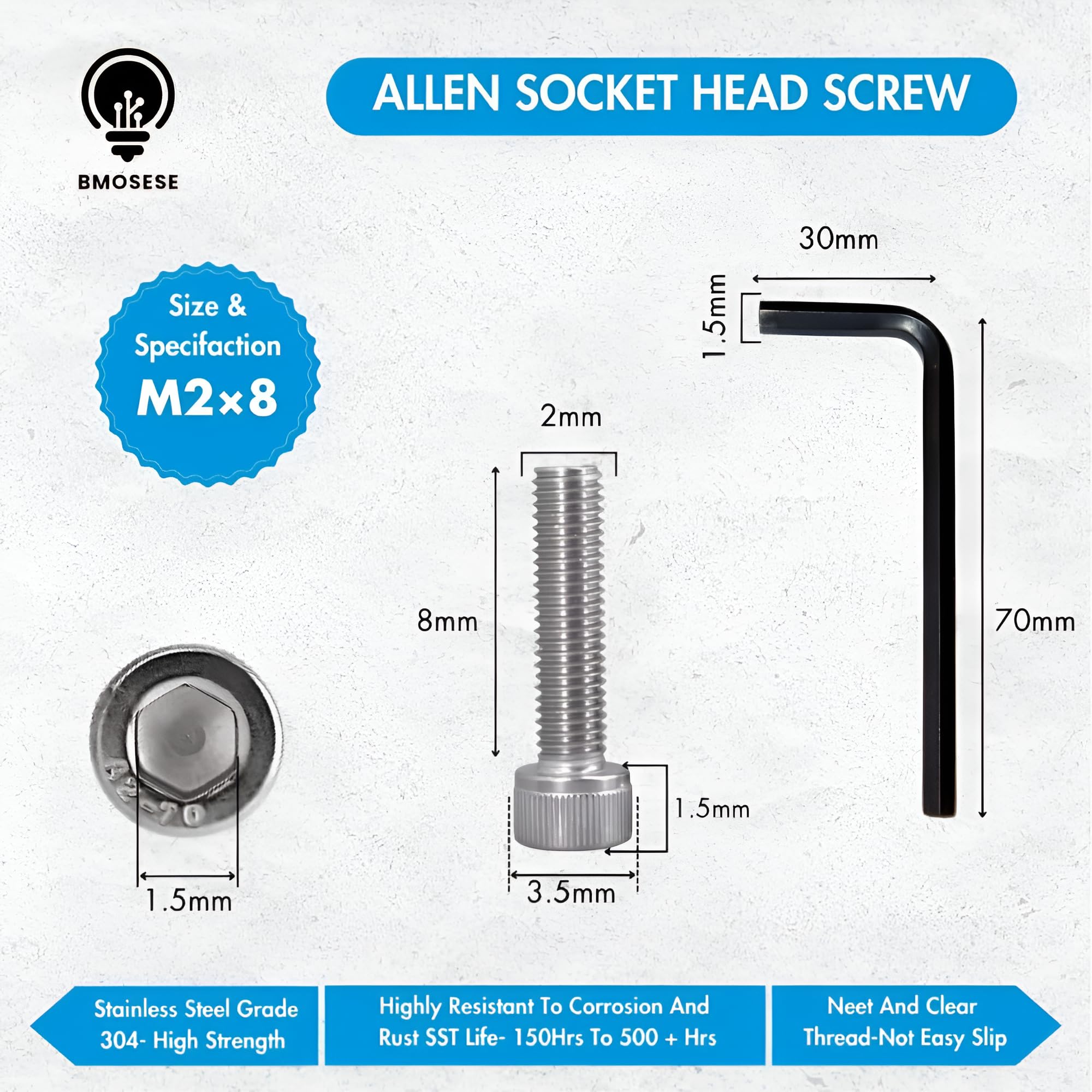 BMOSESE® Stainless Steel M2x8mm Allen Bolt Screws with Nuts & Washers | Rustproof 304 Grade | Full Thread | Hex Socket Cap Head | Free Allen Key| (10PCS SET) - Image 7 thumbnail