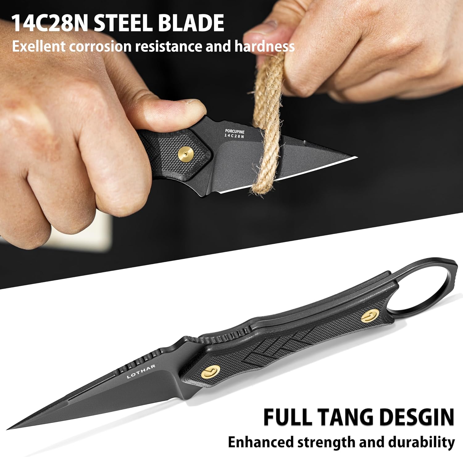 LOTHAR PORCUPINE Small Fixed Blade Knife, 2.46" 14C28N Neck Knife, EDC Knife with G10 Handle and Kydex Sheath, Knife Necklace Horizontal Carry Knife, Survival Knife Gifts for Men Women (black)