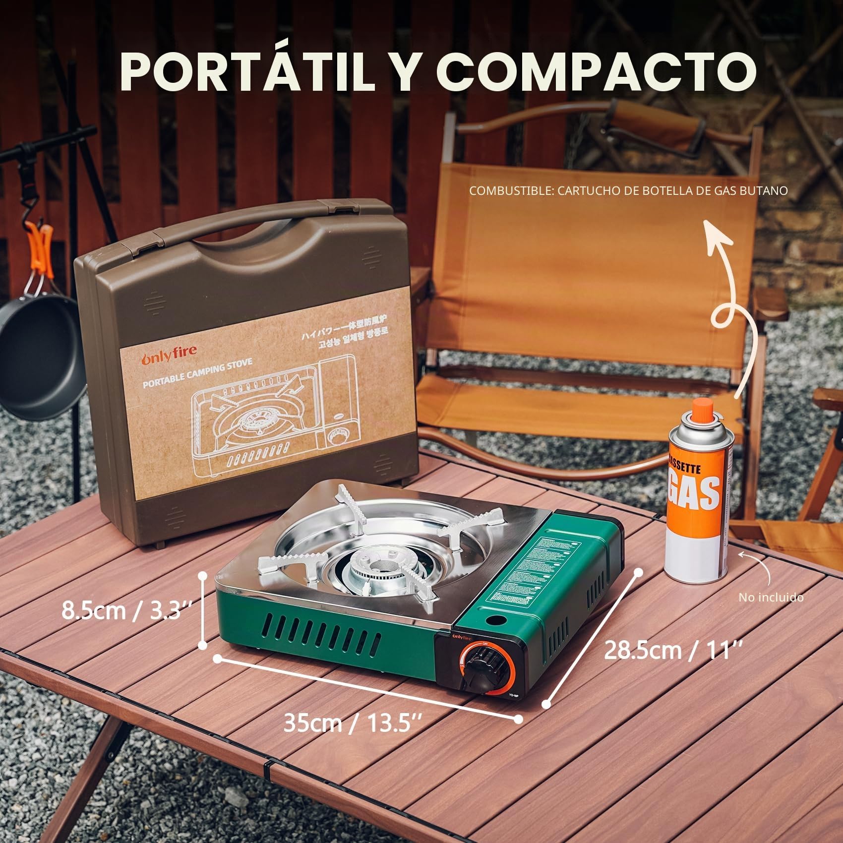 onlyfire Hornillo de Camping con Maletín de Transporte, Hornillo Portátil de Gas para Camping, Senderismo, Viaje en Autocaravana, Desayuno, Diseño de Quemador Hundido Resistente al Viento, 3000W