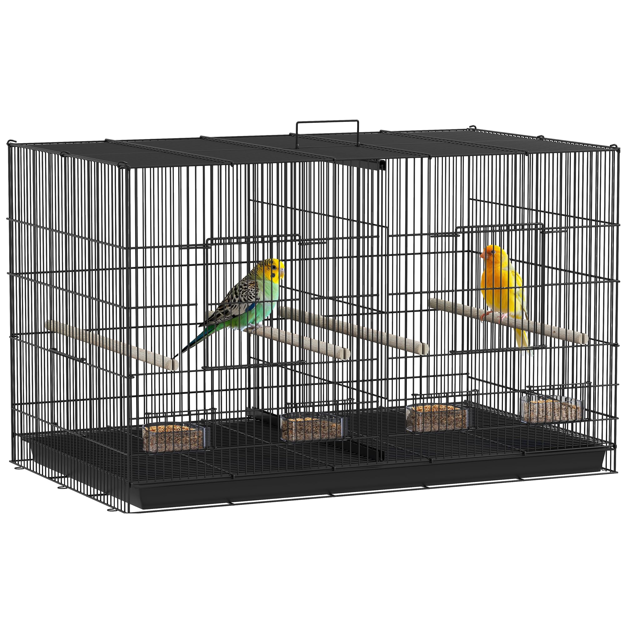 PawHut Gabbia per Uccelli con Divisorio e Ripiano Inferiore Portaoggetti, Gabbietta per Uccelli in Acciaio e PP con 4 Posatoi e 4 Mangiatoie, 94x57x57 cm, Nero