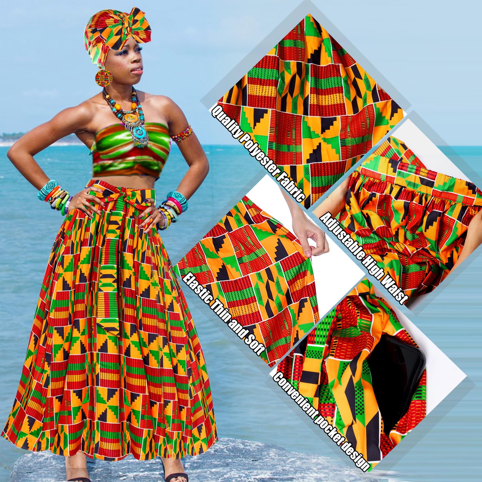 Jupes africaines pour femme 3 pièces maxi décontractée Dashiki, jupe traditionnelle taille haute, costume Ankara bohème, écharpe enveloppante extensible