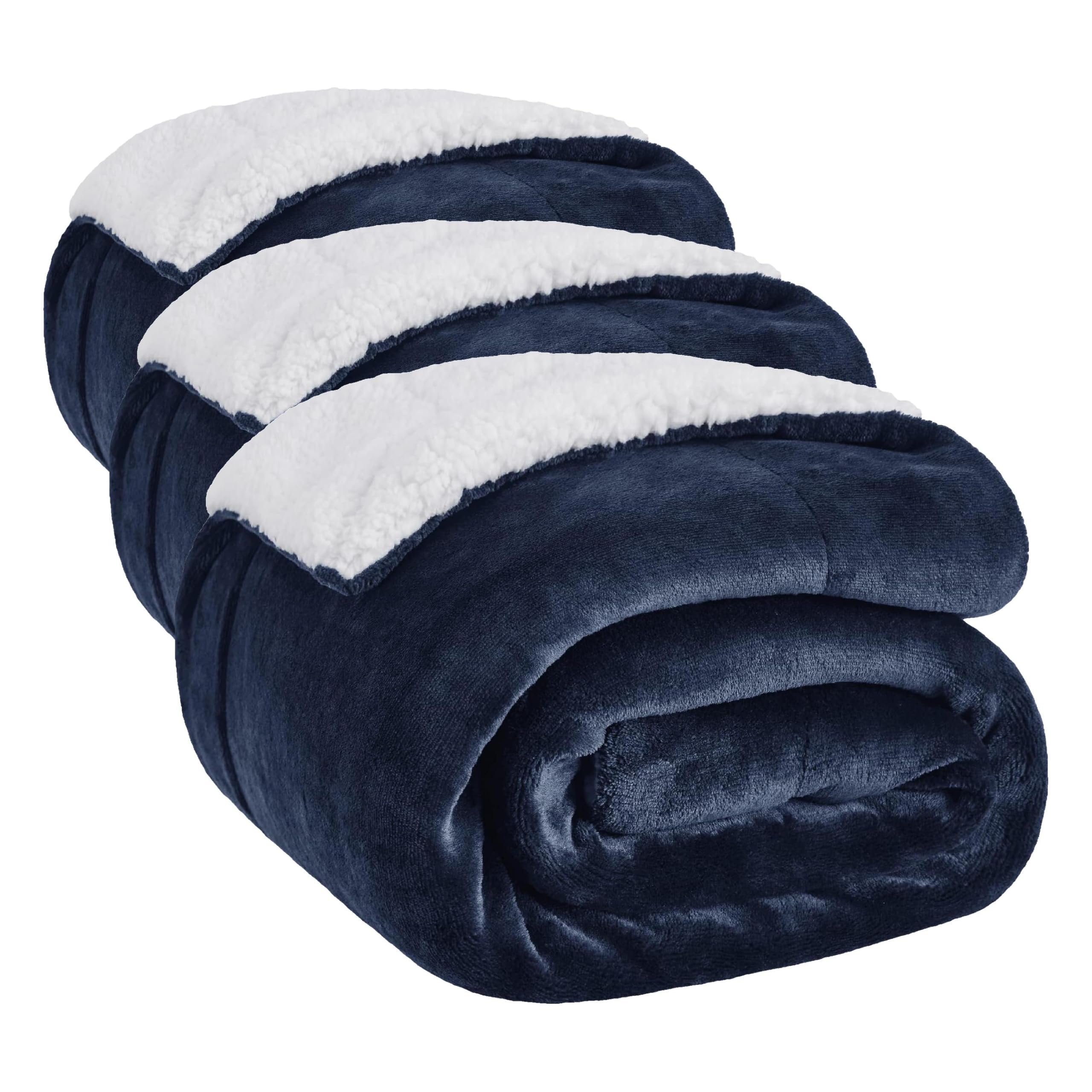 Bedsure GentleSoft Sherpa Fleece Twin Size Blanket for Couch, Non-Heated, Thick and Warm Throw for Women and Men, Soft Fuzzy Plush Heavy Twin Blanket for Winter, Navy, 60x80 Inches (Pack of 3)